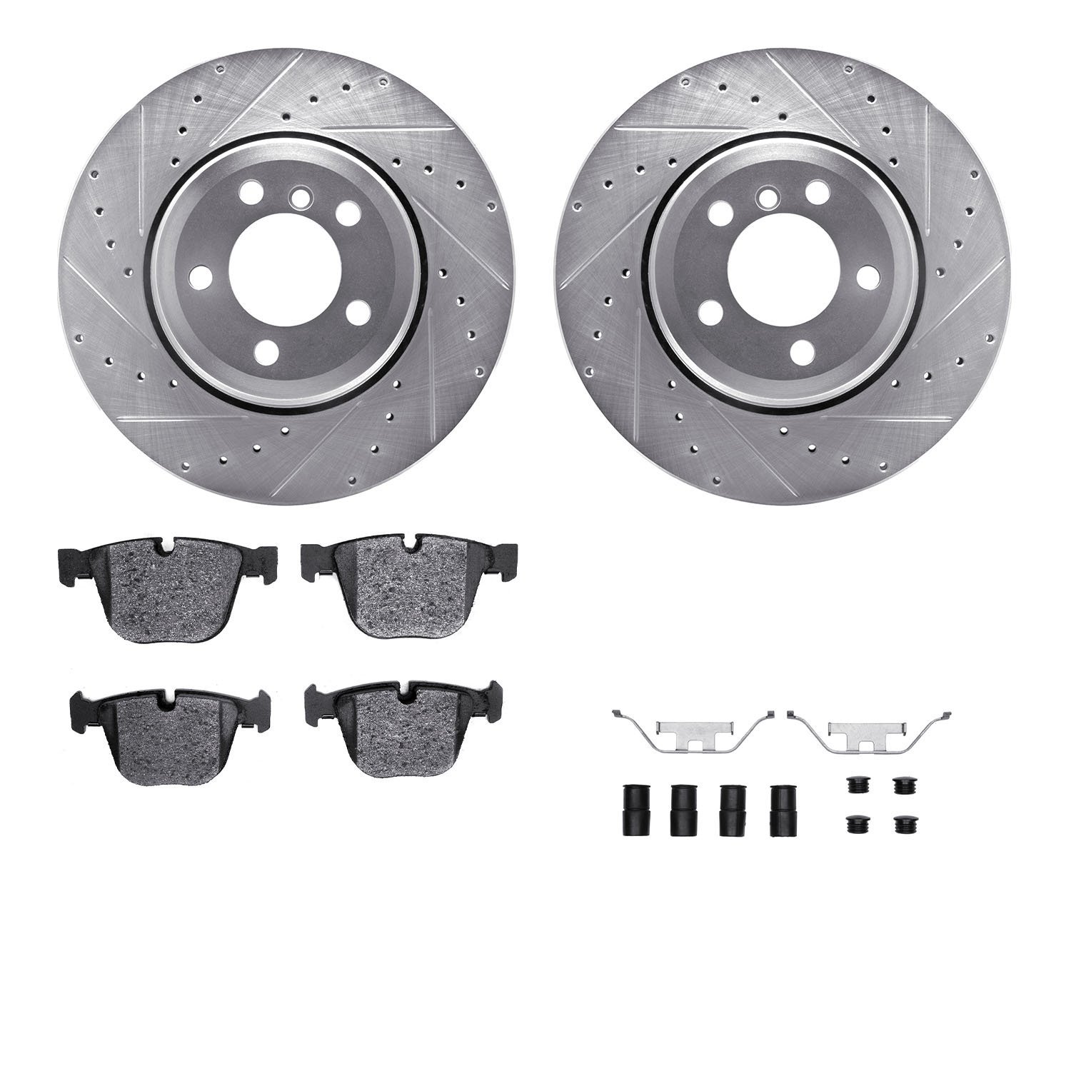 7312-31072 Drilled/Slotted Brake Rotor with 3000-Series Ceramic Brake Pads Kit & Hardware [Silver], 2002-2005 BMW, Position: Rea