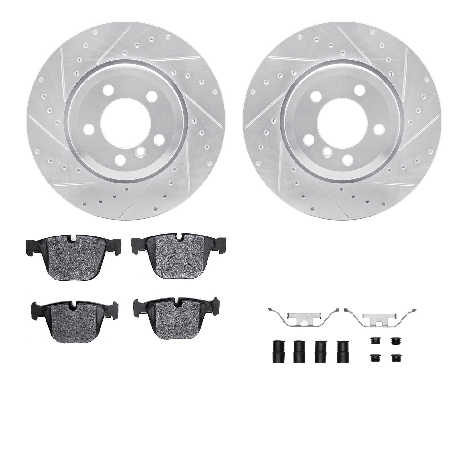 7312-31074 Drilled/Slotted Brake Rotor with 3000-Series Ceramic Brake Pads Kit & Hardware [Silver], 2005-2008 BMW, Position: Rea