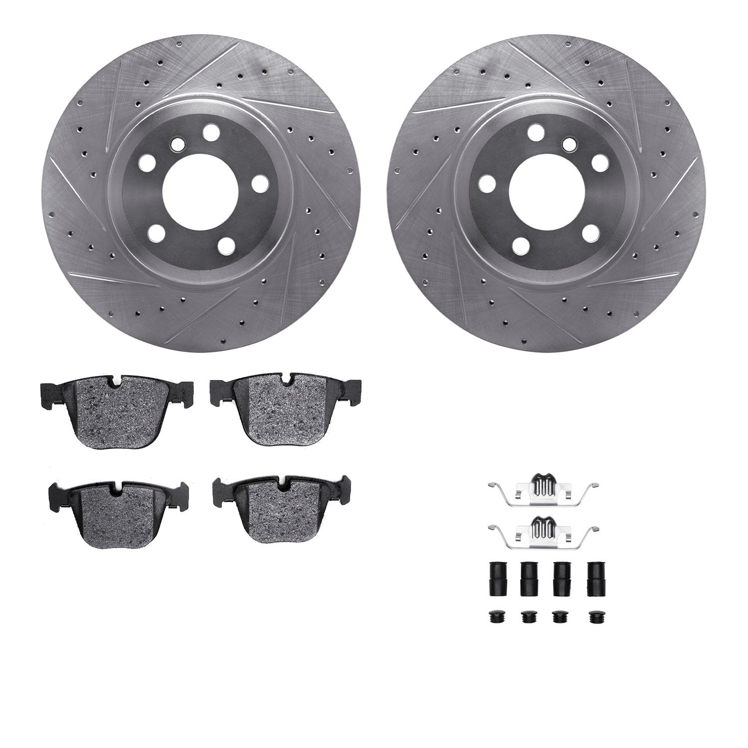 7312-31075 Drilled/Slotted Brake Rotor with 3000-Series Ceramic Brake Pads Kit & Hardware [Silver], 2007-2019 BMW, Position: Rea