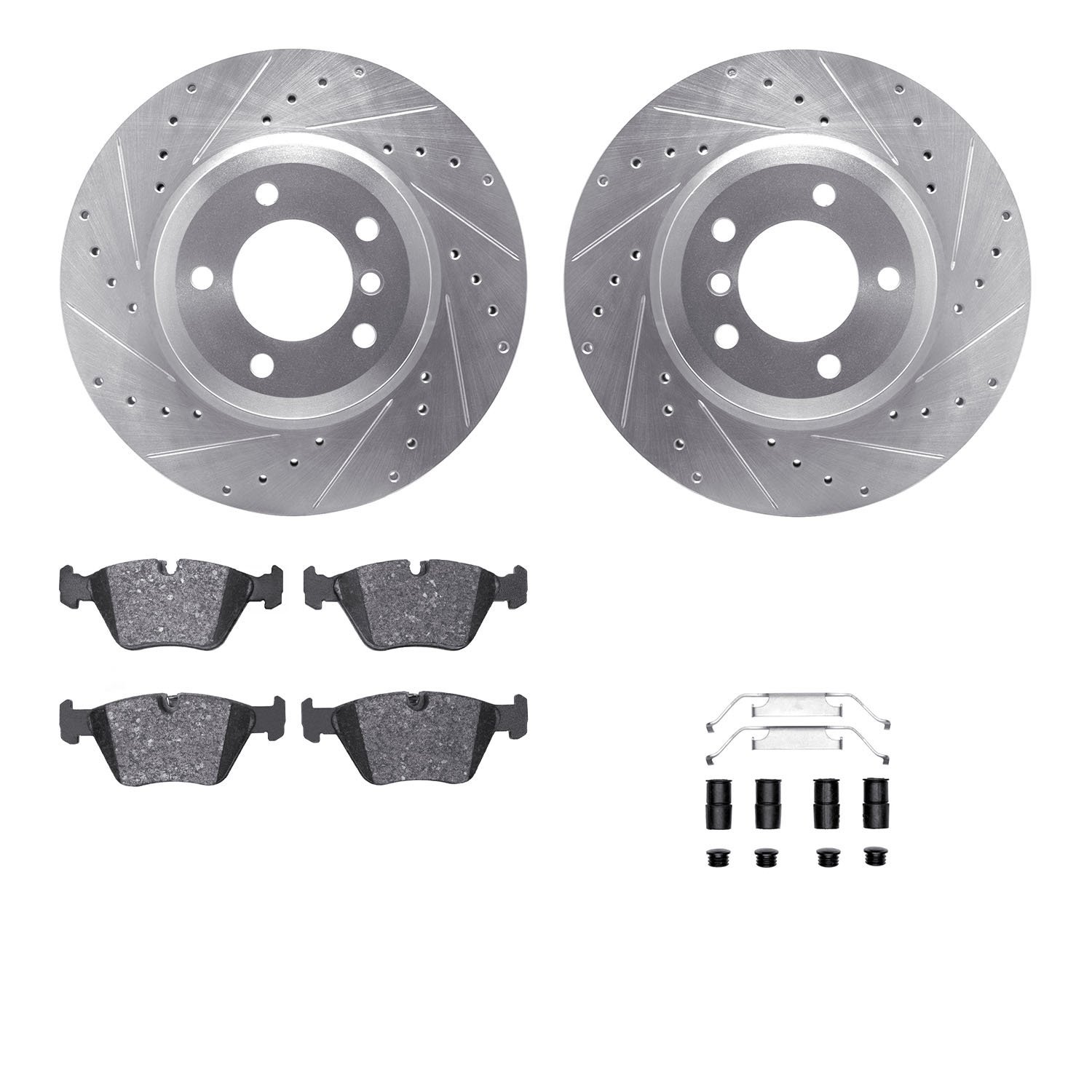 7312-31078 Drilled/Slotted Brake Rotor with 3000-Series Ceramic Brake Pads Kit & Hardware [Silver], 2001-2008 BMW, Position: Fro