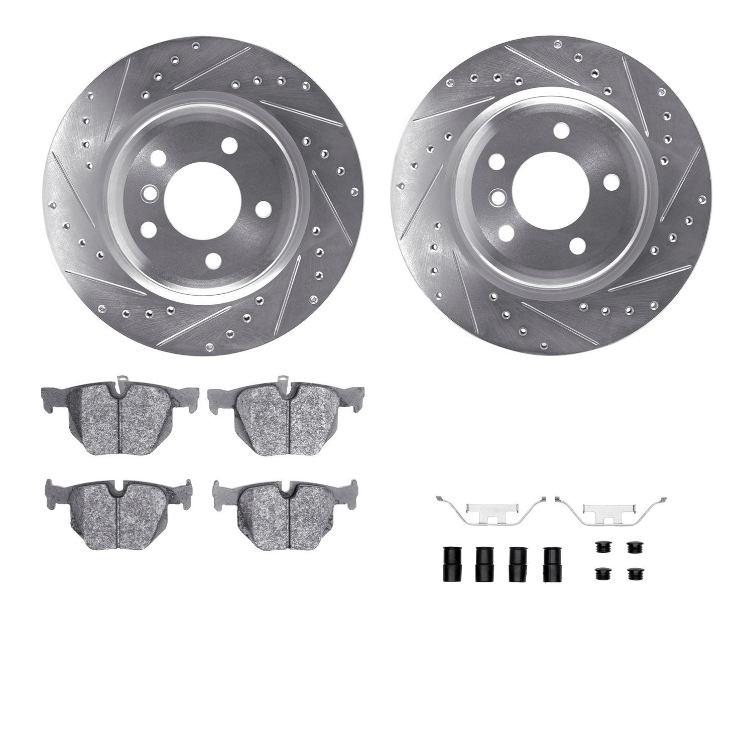 7312-31087 Drilled/Slotted Brake Rotor with 3000-Series Ceramic Brake Pads Kit & Hardware [Silver], 2006-2015 BMW, Position: Rea