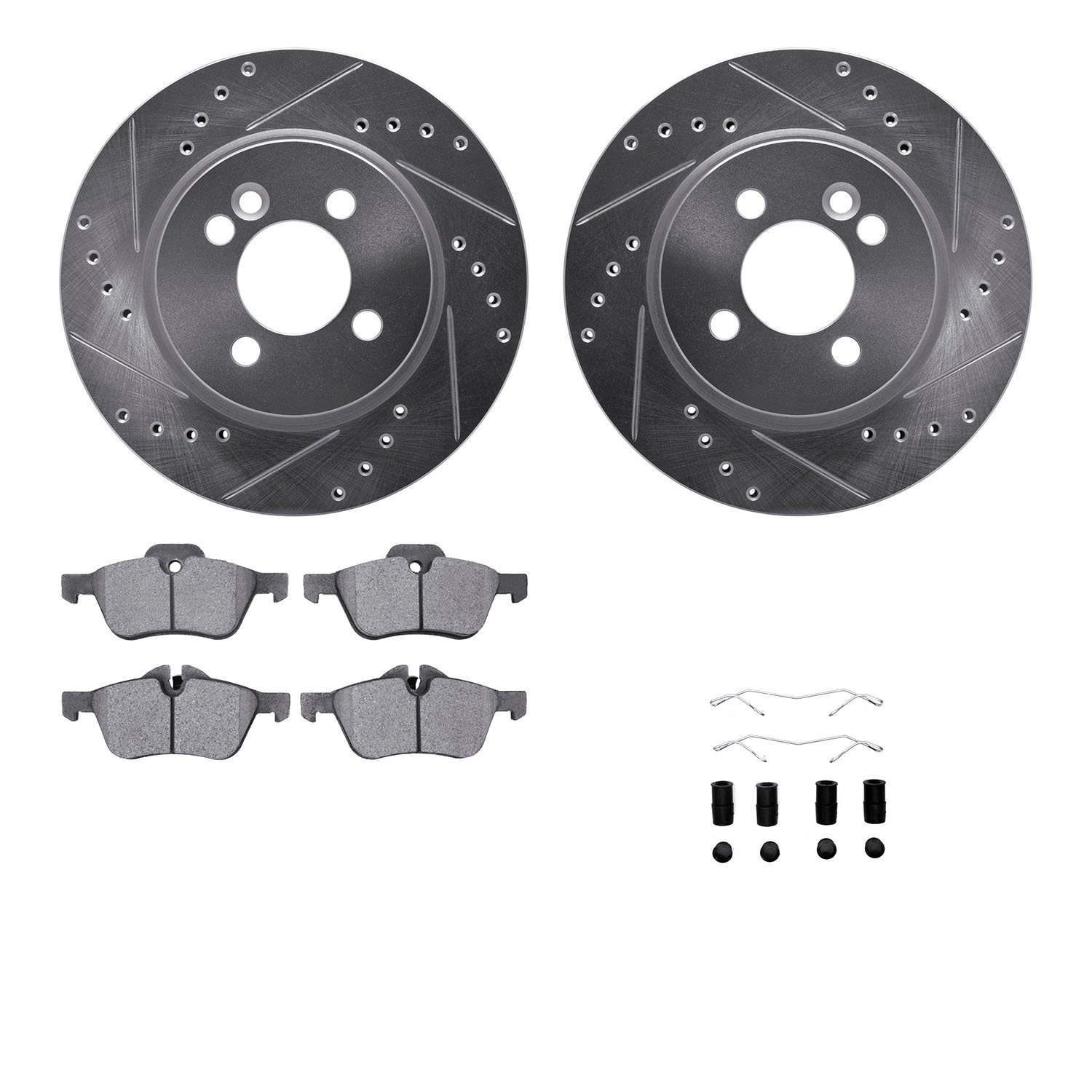 7312-32001 Drilled/Slotted Brake Rotor with 3000-Series Ceramic Brake Pads Kit & Hardware [Silver], 2002-2008 Mini, Position: Fr