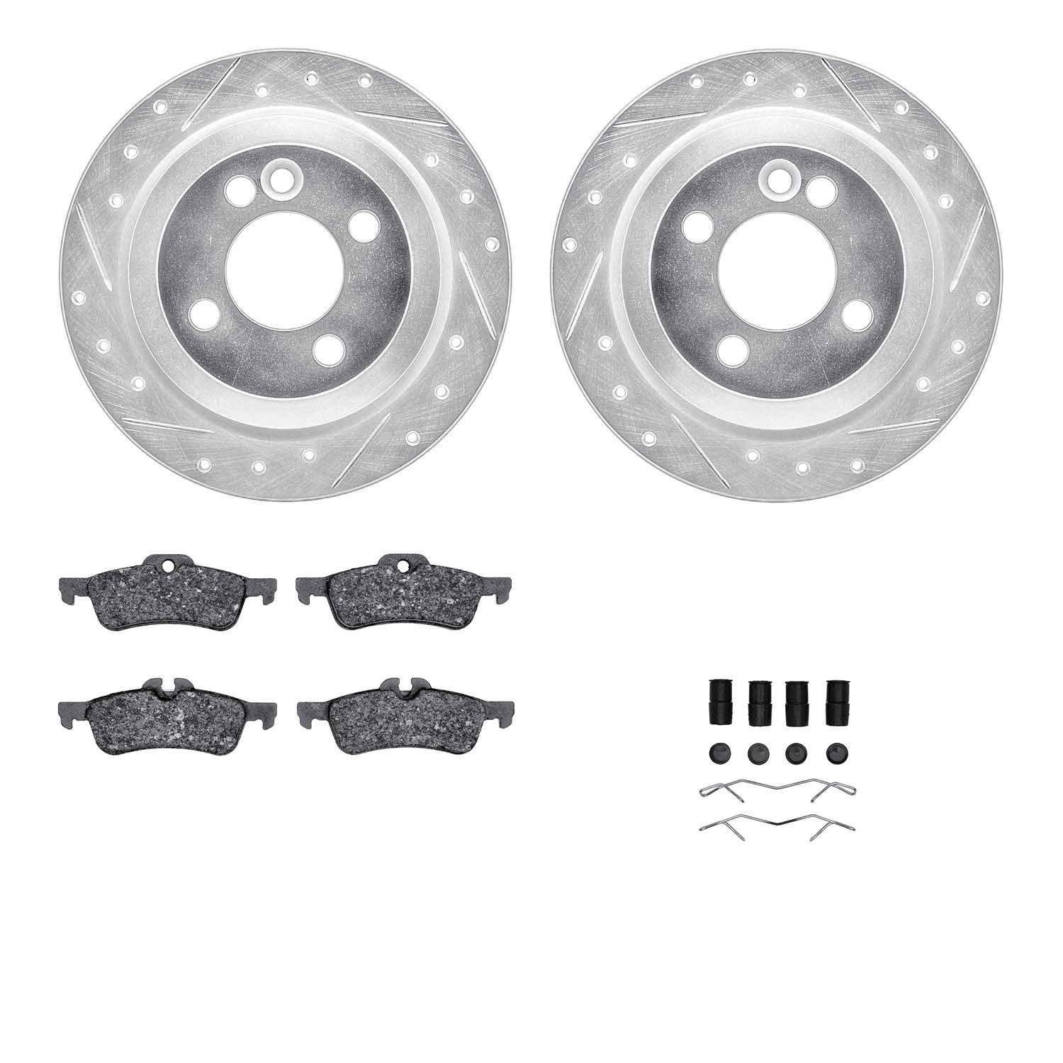 7312-32003 Drilled/Slotted Brake Rotor with 3000-Series Ceramic Brake Pads Kit & Hardware [Silver], 2002-2008 Mini, Position: Re
