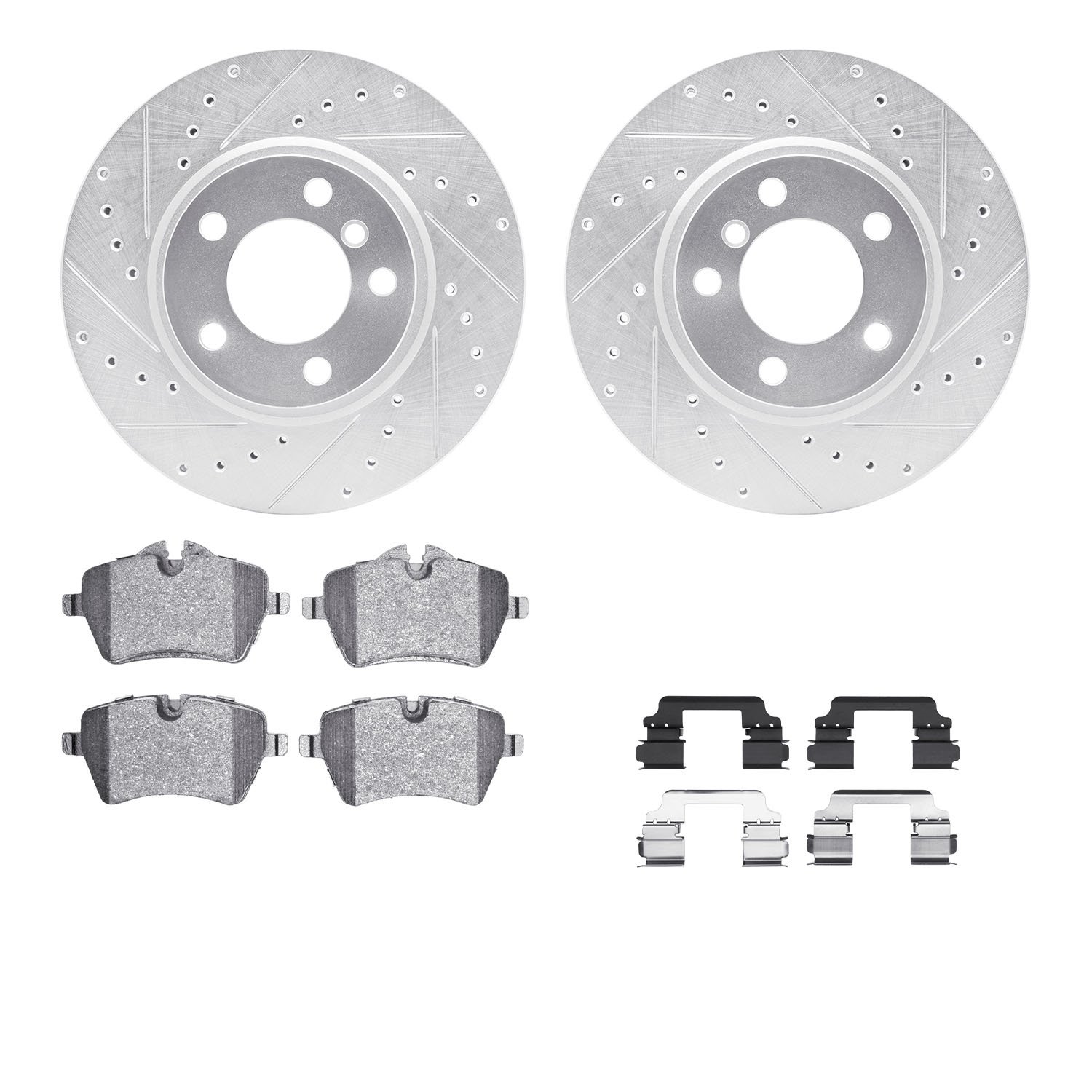 7312-32005 Drilled/Slotted Brake Rotor with 3000-Series Ceramic Brake Pads Kit & Hardware [Silver], 2011-2016 Mini, Position: Fr