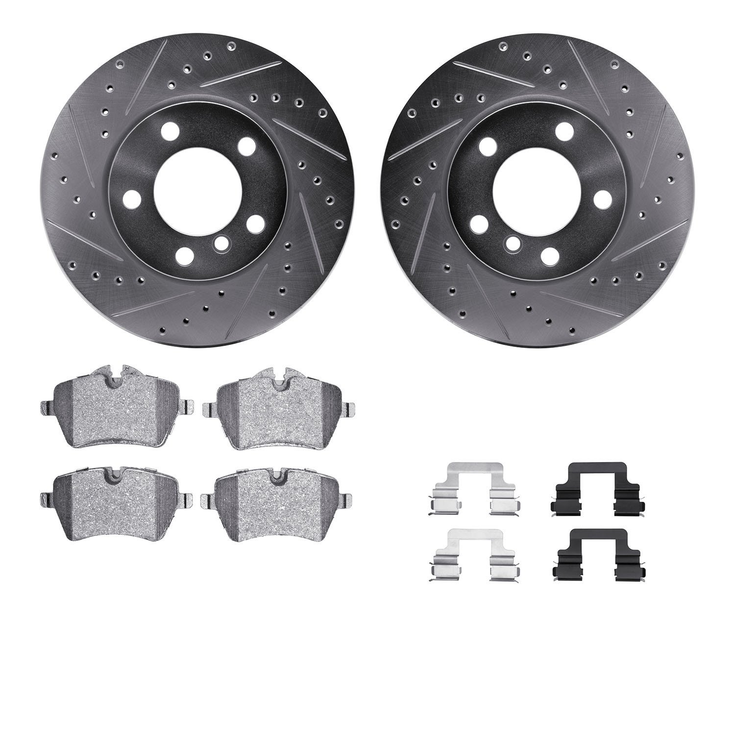 7312-32008 Drilled/Slotted Brake Rotor with 3000-Series Ceramic Brake Pads Kit & Hardware [Silver], 2011-2016 Mini, Position: Fr