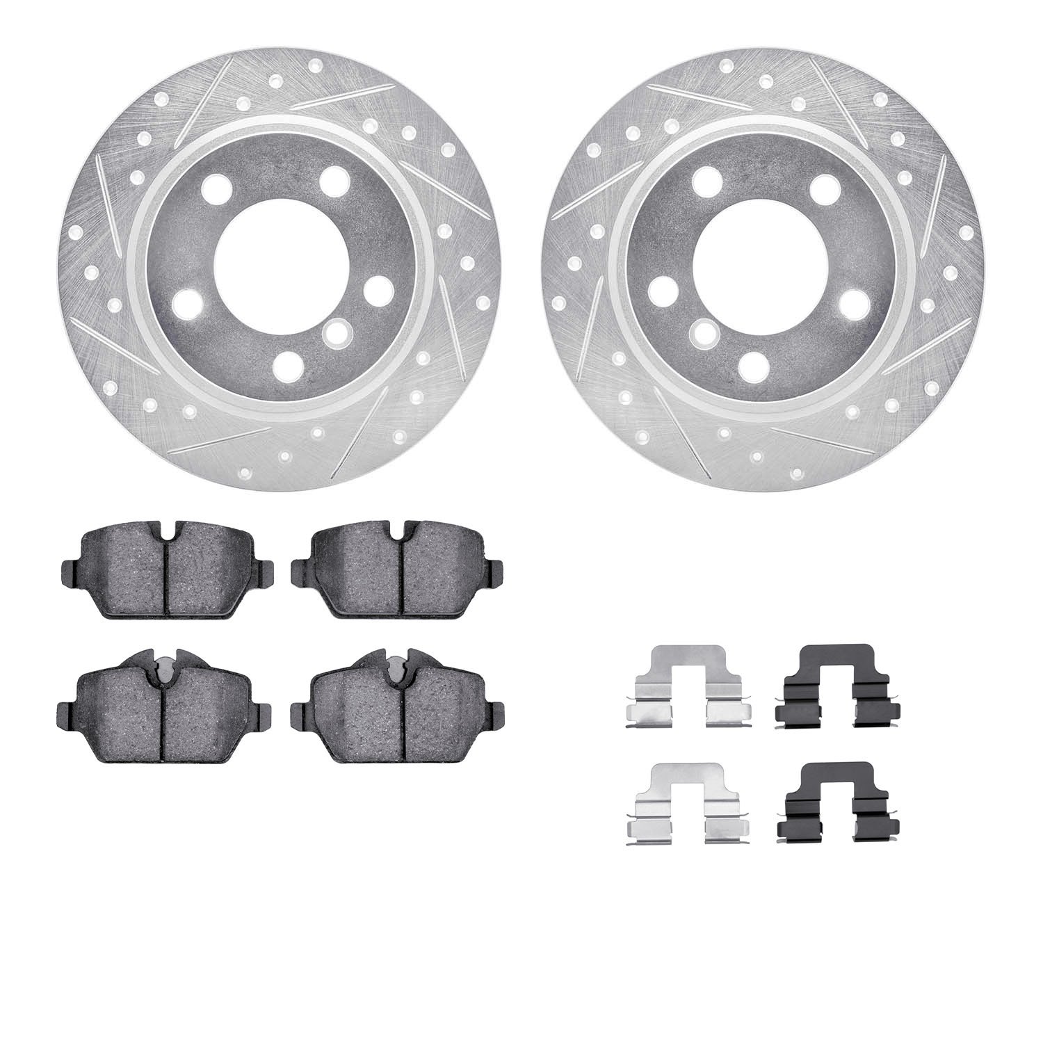 7312-32009 Drilled/Slotted Brake Rotor with 3000-Series Ceramic Brake Pads Kit & Hardware [Silver], 2011-2016 Mini, Position: Re
