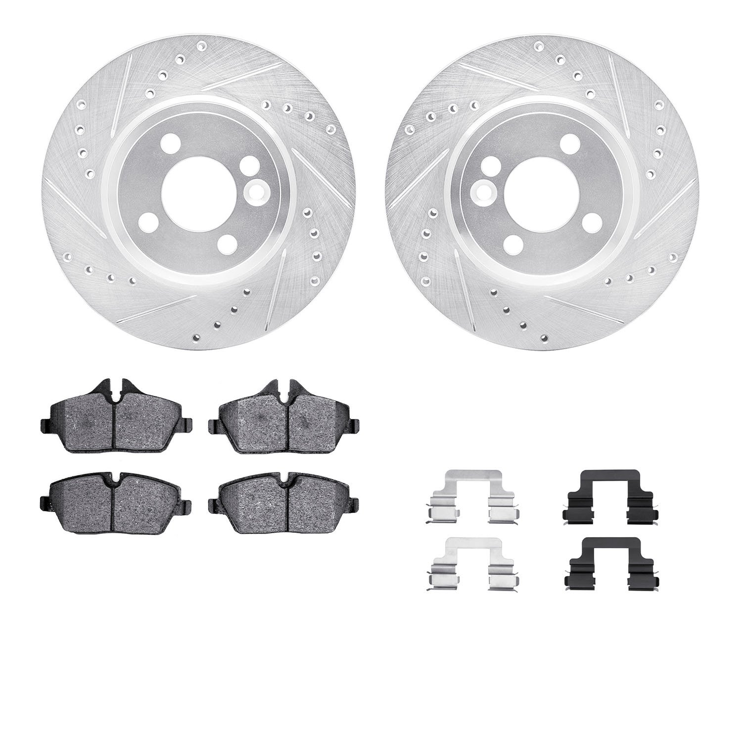 7312-32011 Drilled/Slotted Brake Rotor with 3000-Series Ceramic Brake Pads Kit & Hardware [Silver], 2007-2015 Mini, Position: Fr