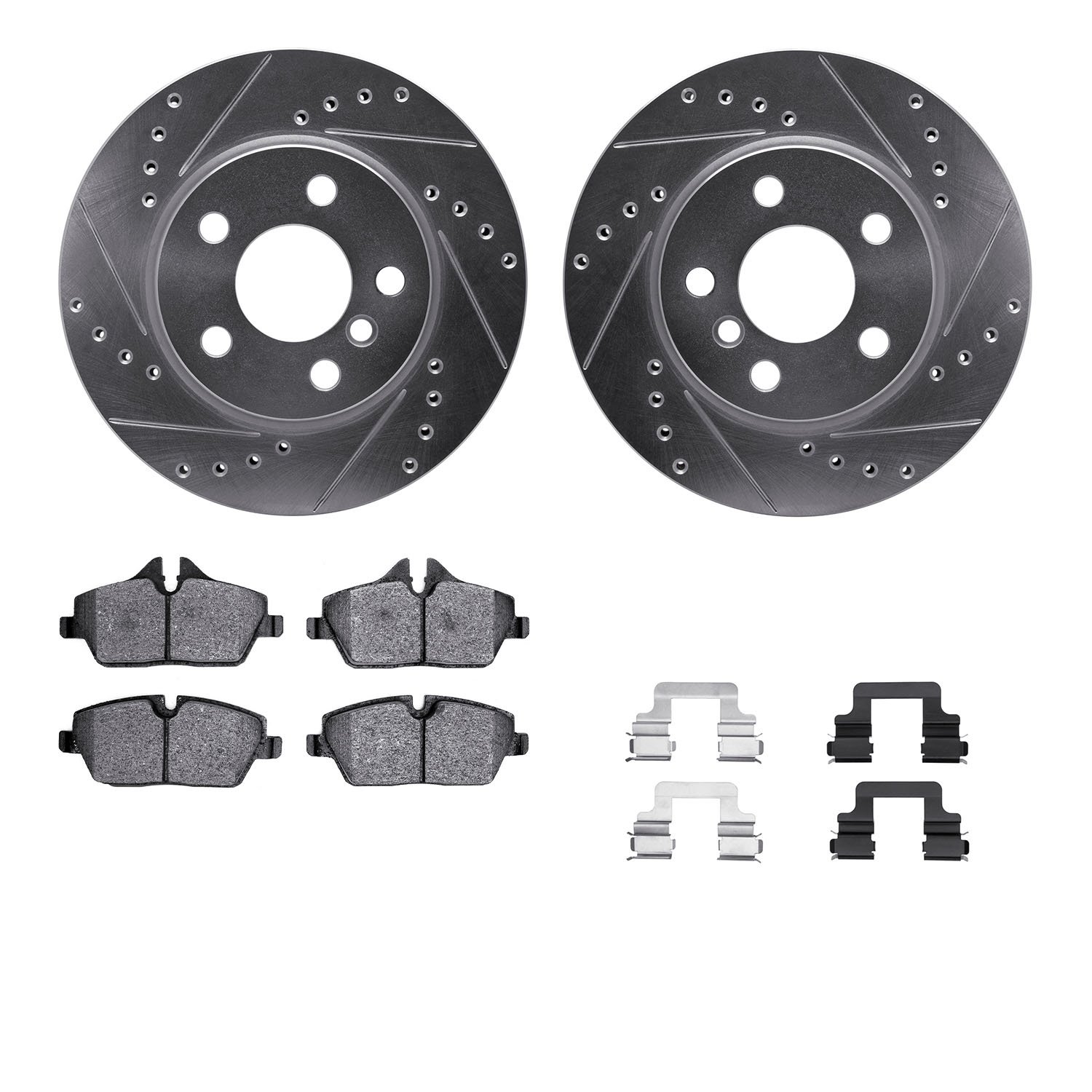 7312-32012 Drilled/Slotted Brake Rotor with 3000-Series Ceramic Brake Pads Kit & Hardware [Silver], Fits Select Mini, Position: