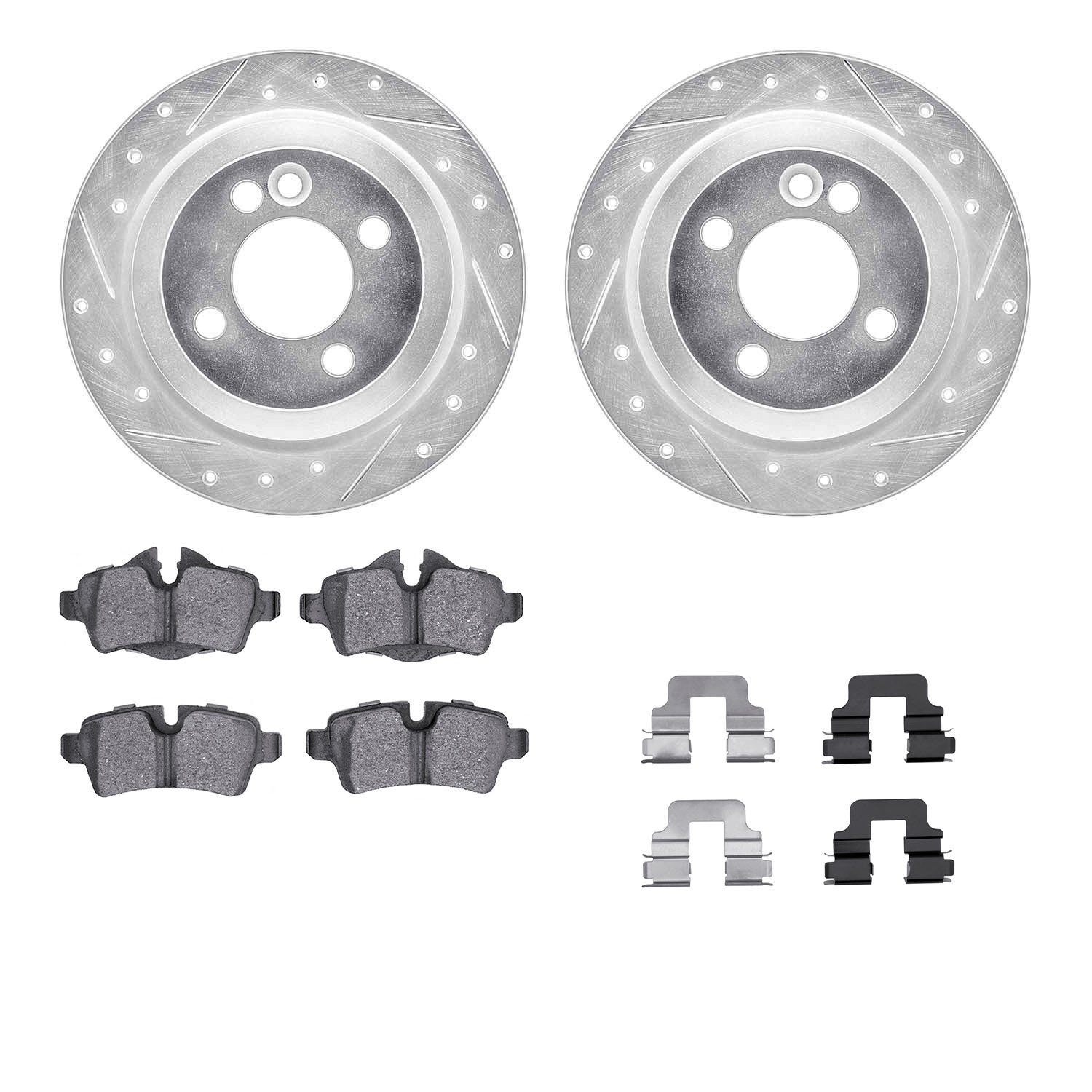 7312-32013 Drilled/Slotted Brake Rotor with 3000-Series Ceramic Brake Pads Kit & Hardware [Silver], 2007-2015 Mini, Position: Re