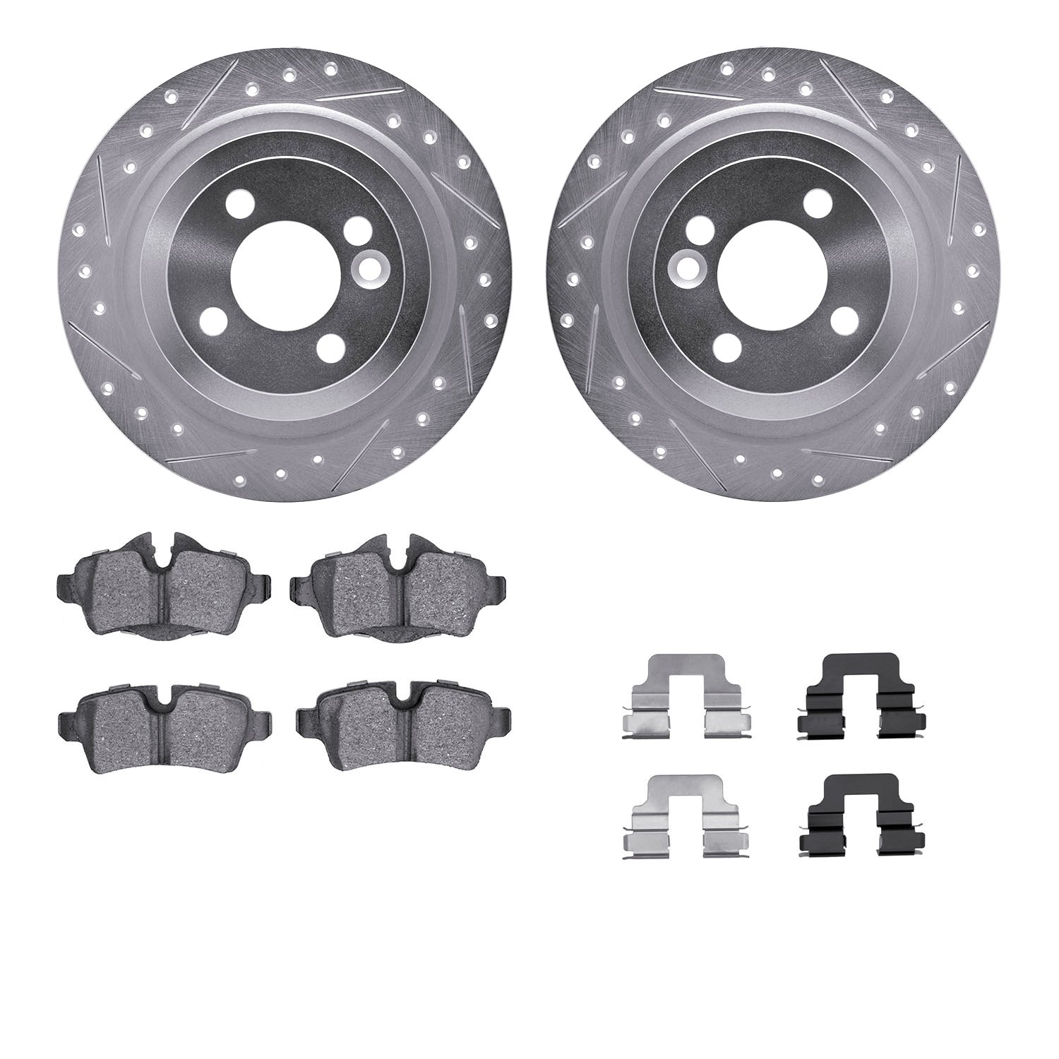 7312-32014 Drilled/Slotted Brake Rotor with 3000-Series Ceramic Brake Pads Kit & Hardware [Silver], 2009-2014 Mini, Position: Re
