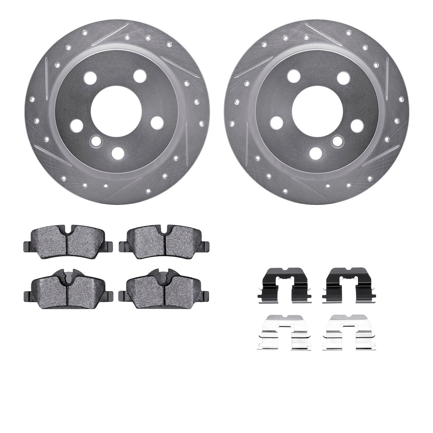7312-32017 Drilled/Slotted Brake Rotor with 3000-Series Ceramic Brake Pads Kit & Hardware [Silver], Fits Select Mini, Position: