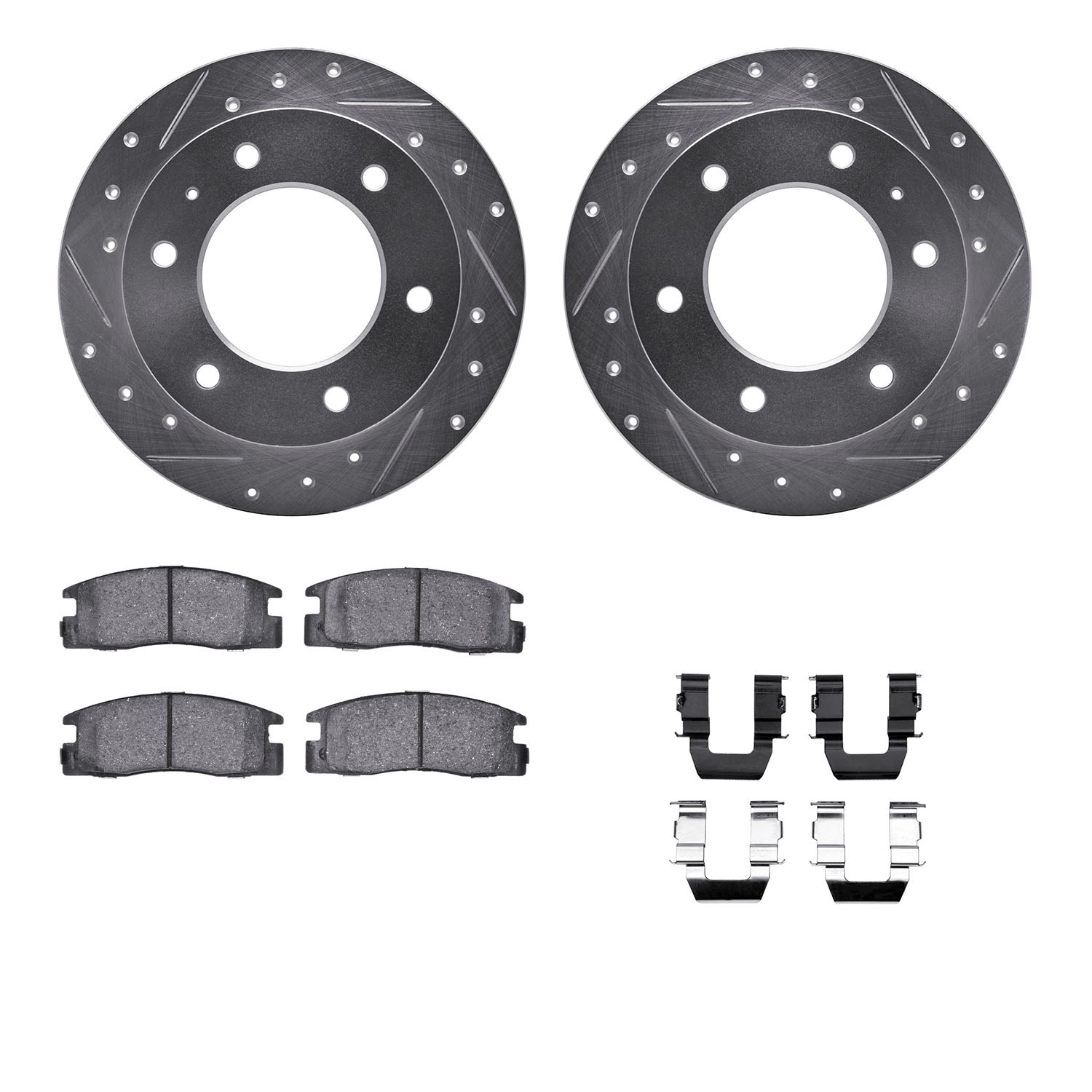 7312-37009 Drilled/Slotted Brake Rotor with 3000-Series Ceramic Brake Pads Kit & Hardware [Silver], 1988-1995 GM, Position: Rear