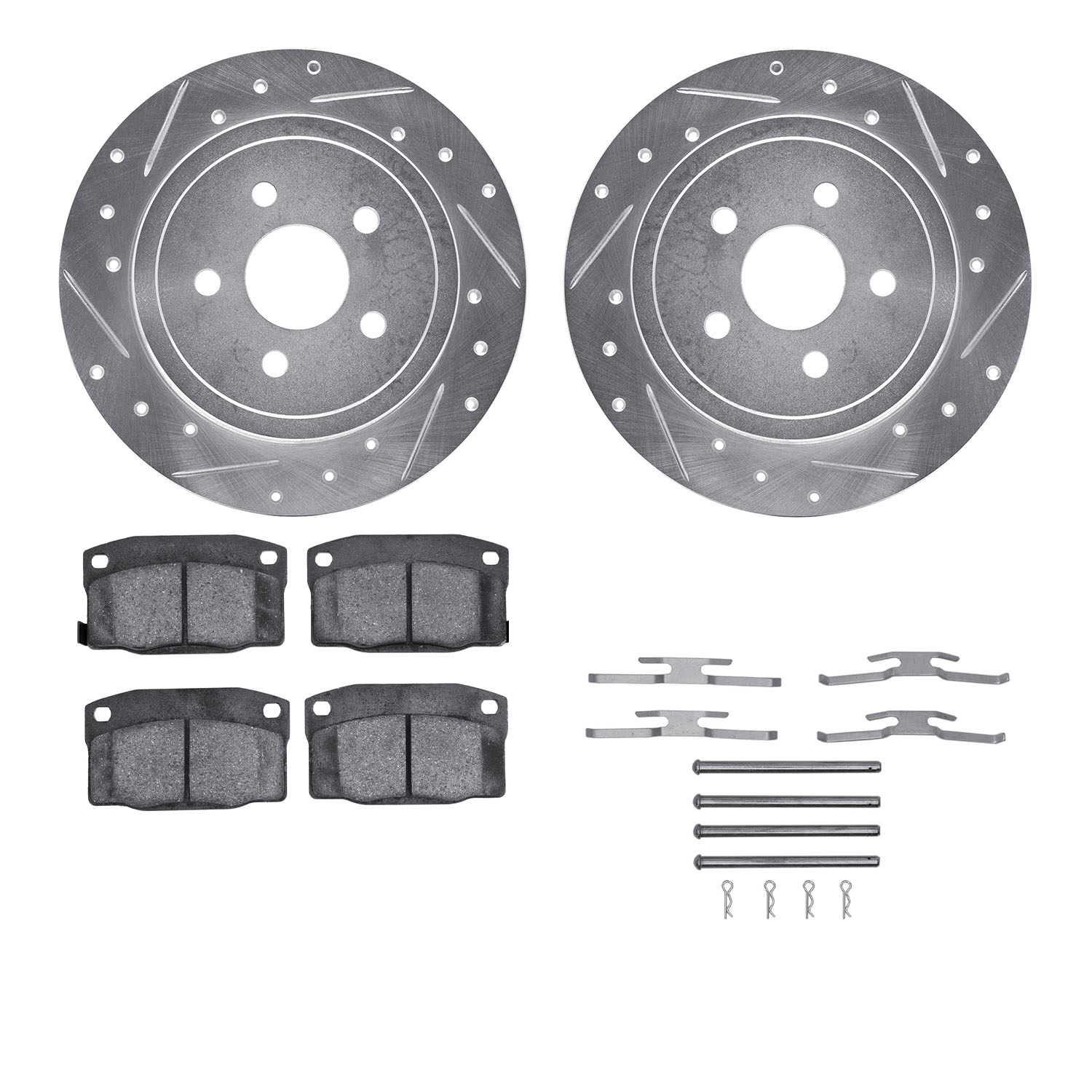 7312-39013 Drilled/Slotted Brake Rotor with 3000-Series Ceramic Brake Pads Kit & Hardware [Silver], 1988-1989 GM, Position: Rear