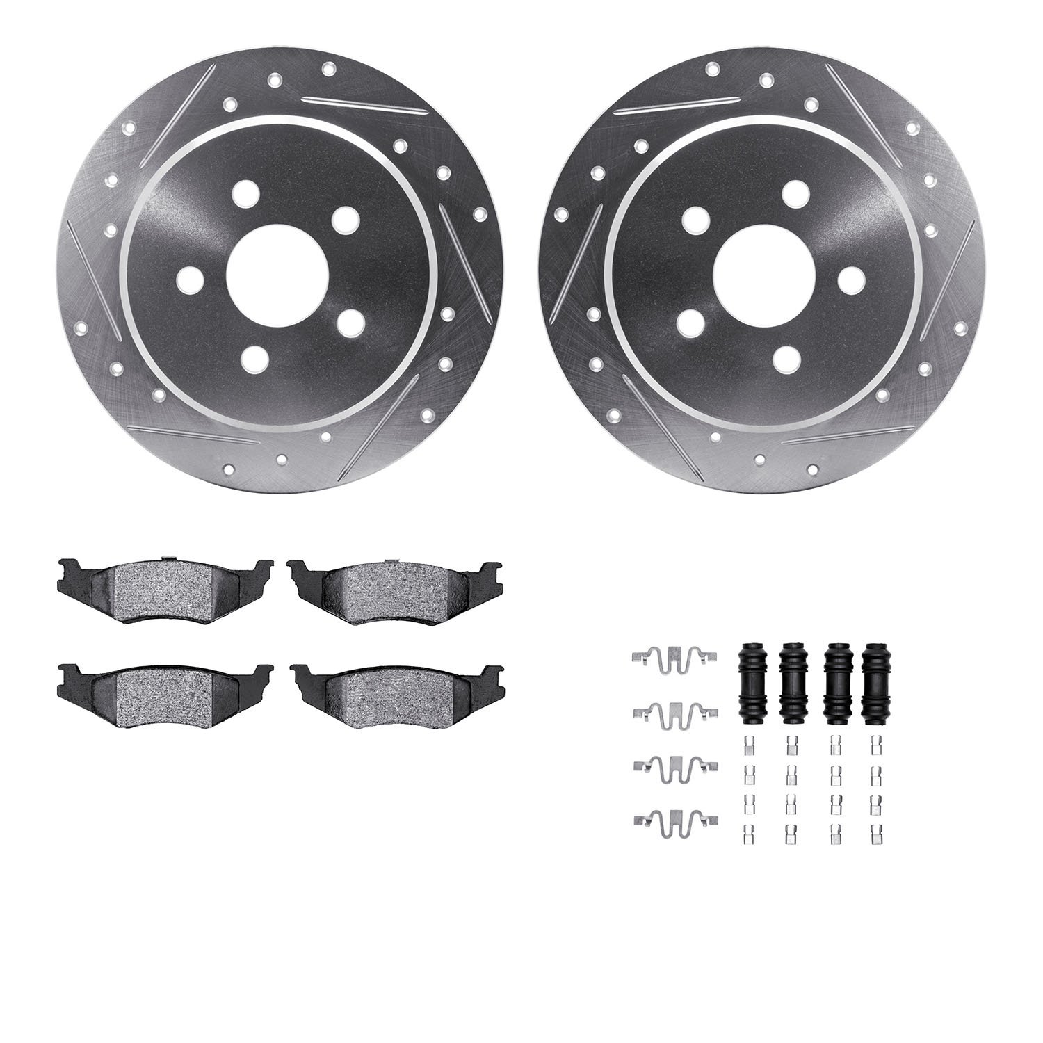 7312-39018 Drilled/Slotted Brake Rotor with 3000-Series Ceramic Brake Pads Kit & Hardware [Silver], 1995-2003 Mopar, Position: R