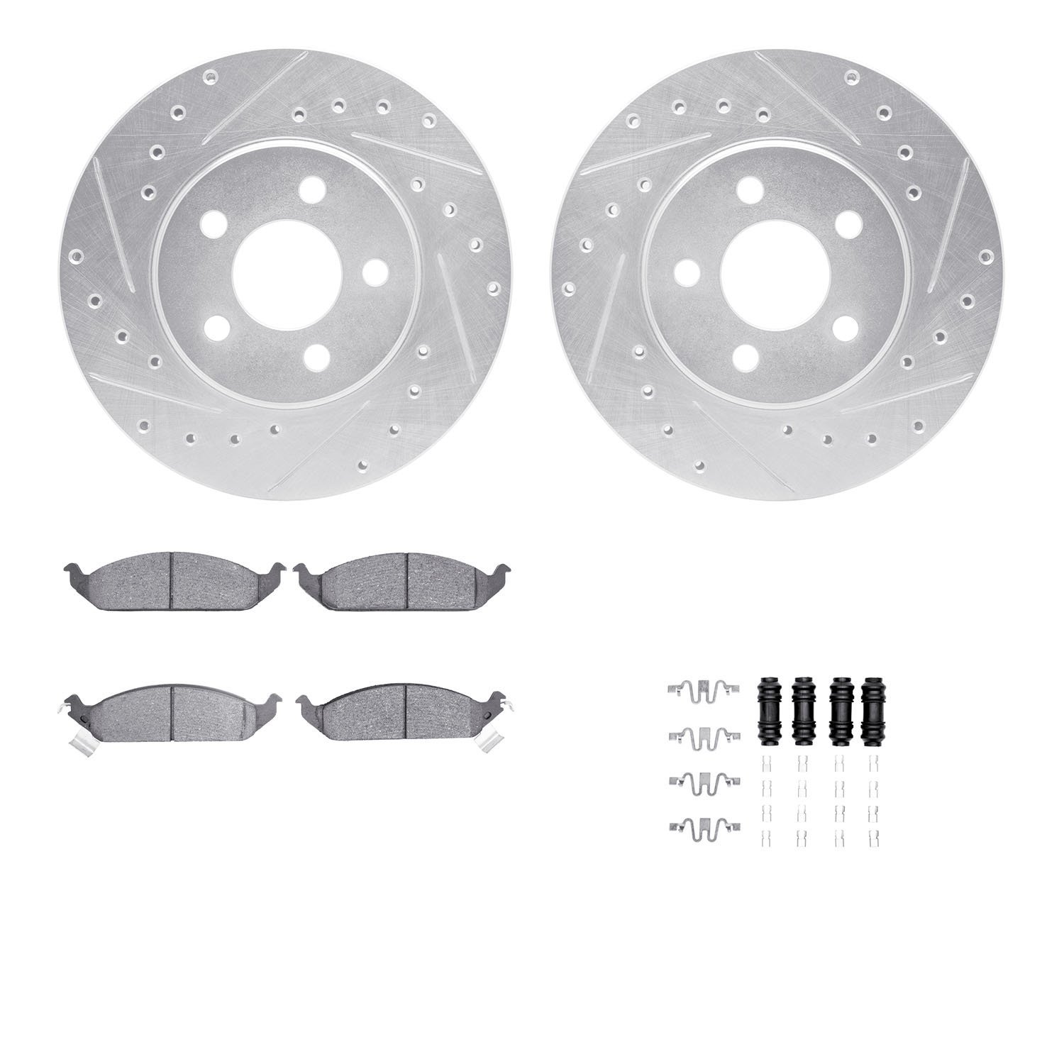 7312-39022 Drilled/Slotted Brake Rotor with 3000-Series Ceramic Brake Pads Kit & Hardware [Silver], 1995-2000 Mopar, Position: F