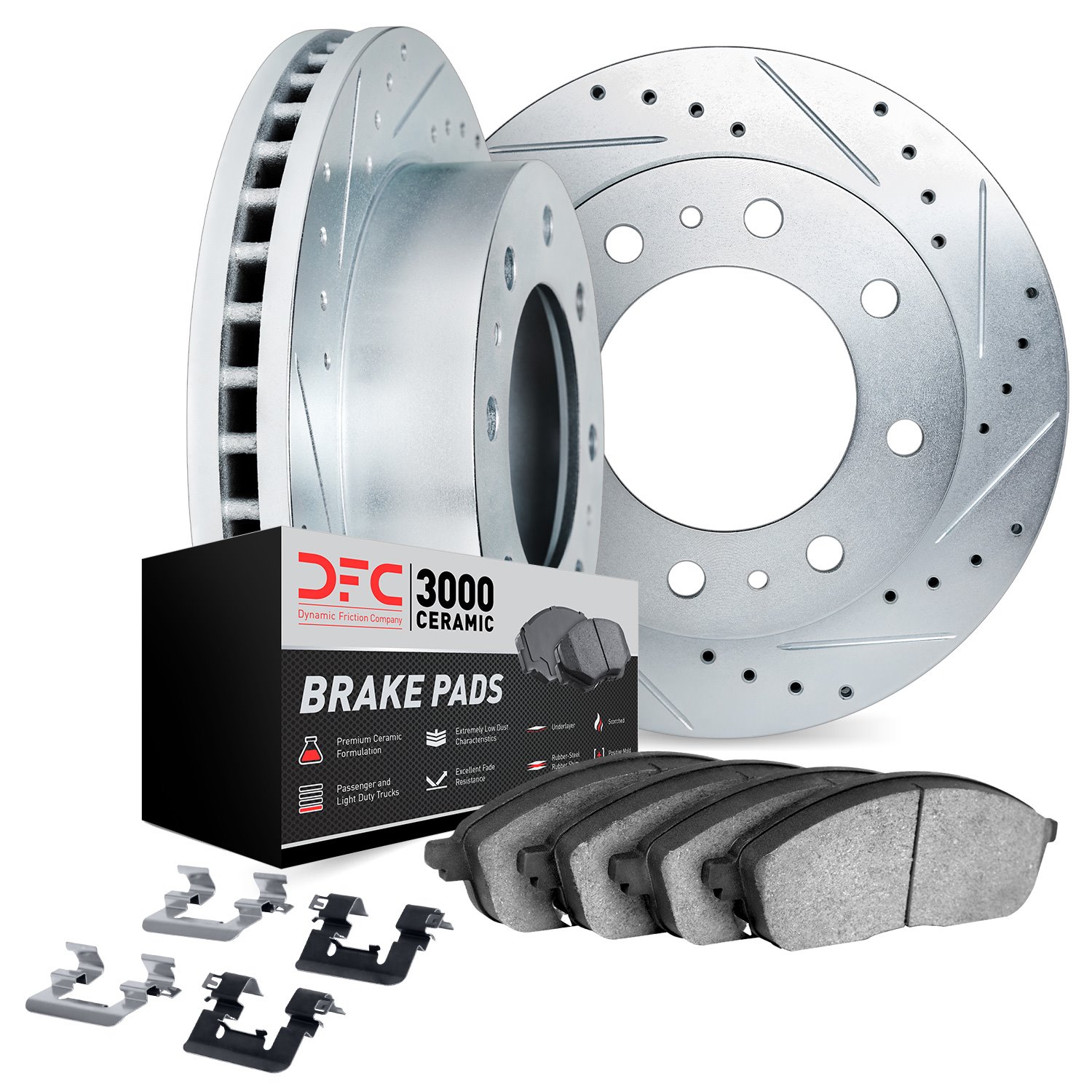 7312-40009 Drilled/Slotted Brake Rotor with 3000-Series Ceramic Brake Pads Kit & Hardware [Silver], 1980-1993 Mopar, Position: F