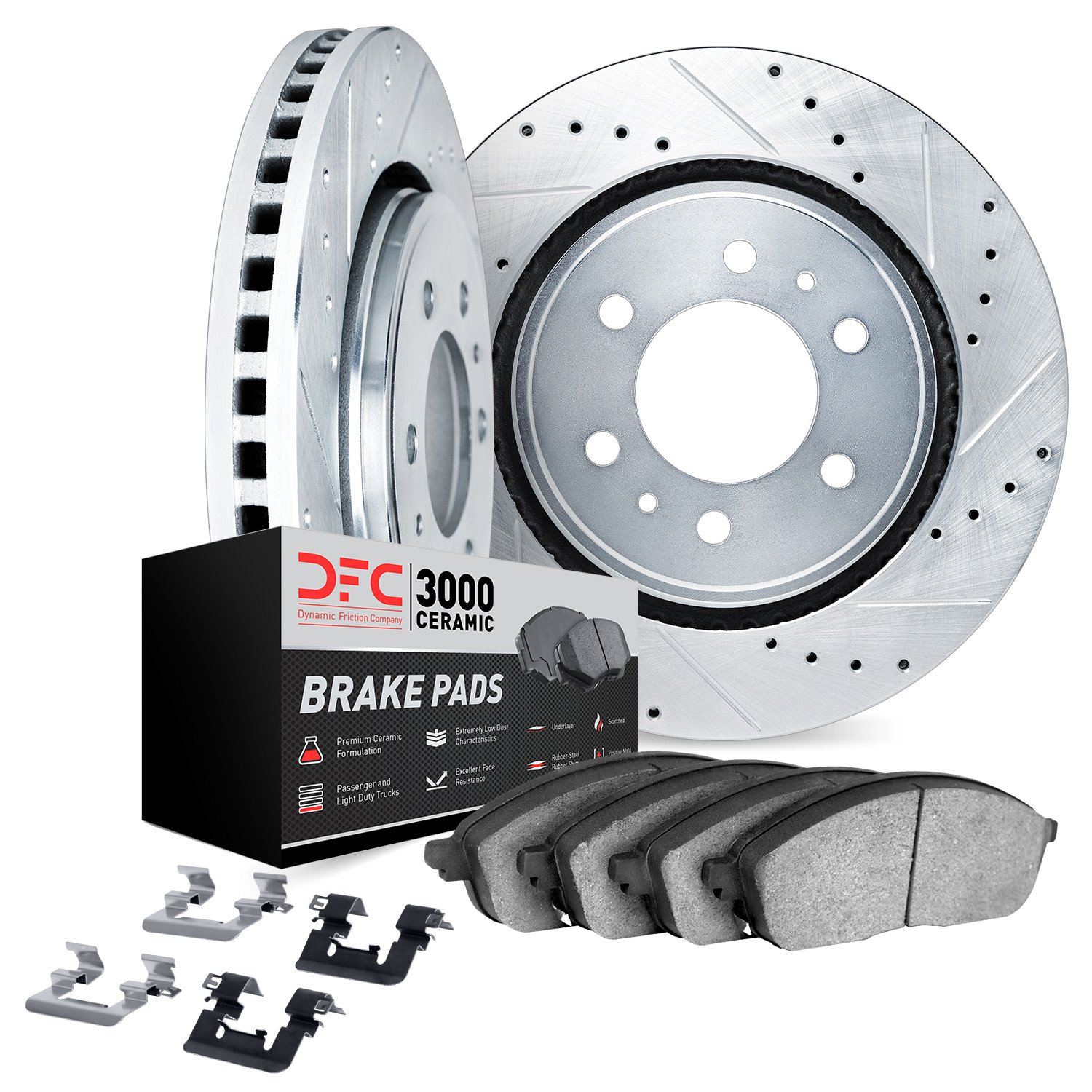 7312-40057 Drilled/Slotted Brake Rotor with 3000-Series Ceramic Brake Pads Kit & Hardware [Silver], 1997-1998 Mopar, Position: F