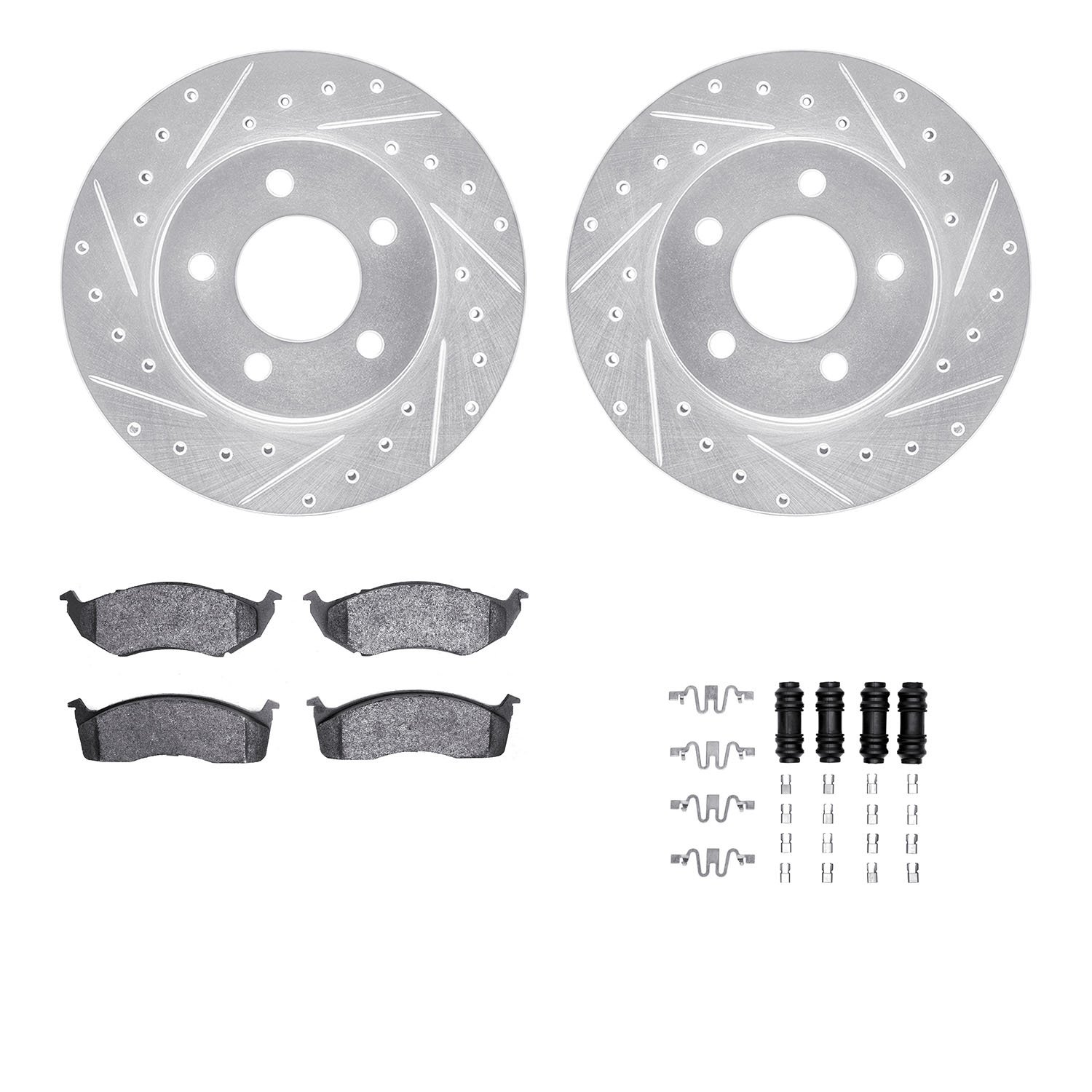 7312-40058 Drilled/Slotted Brake Rotor with 3000-Series Ceramic Brake Pads Kit & Hardware [Silver], 1993-1997 Mopar, Position: F