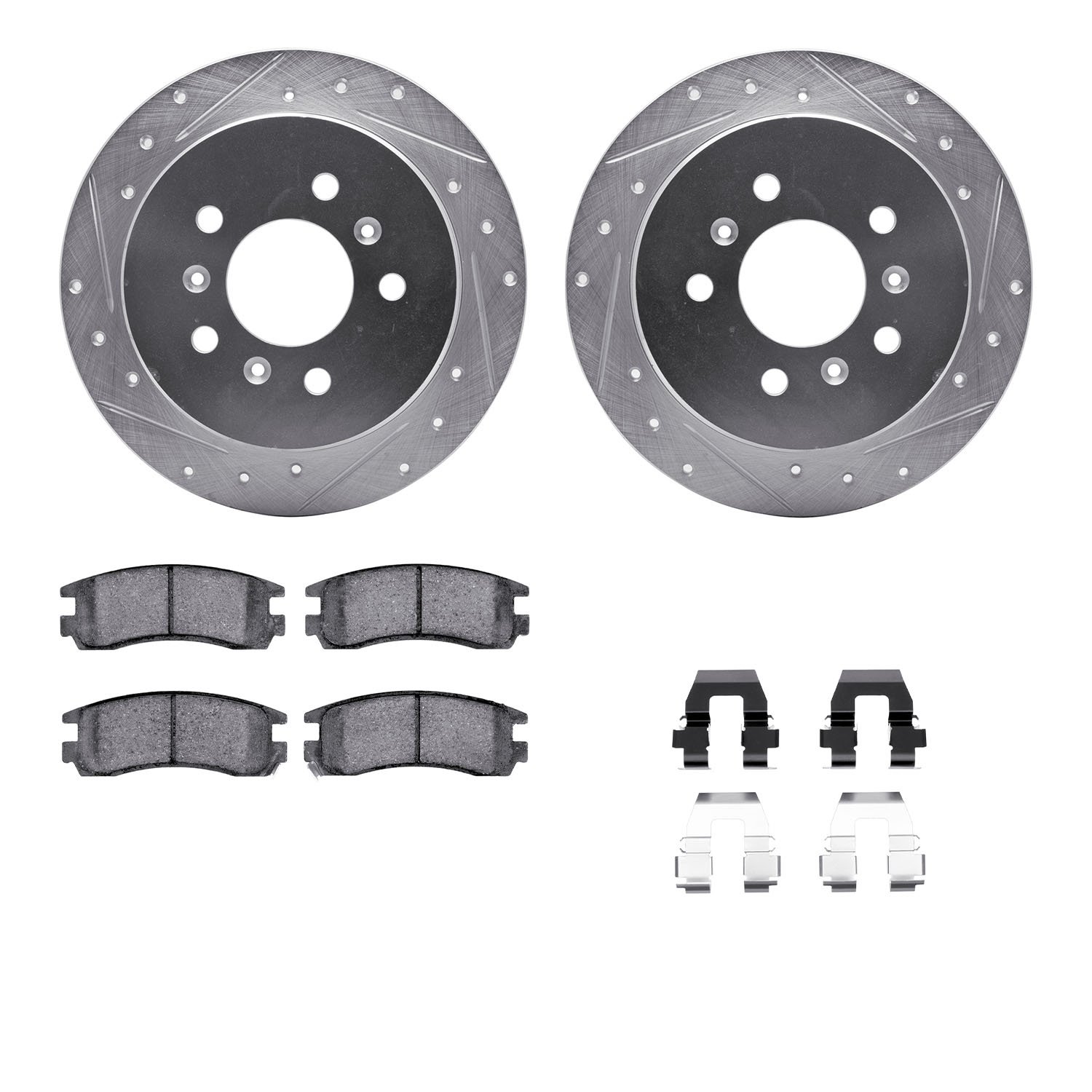 7312-45011 Drilled/Slotted Brake Rotor with 3000-Series Ceramic Brake Pads Kit & Hardware [Silver], 2006-2010 GM, Position: Rear