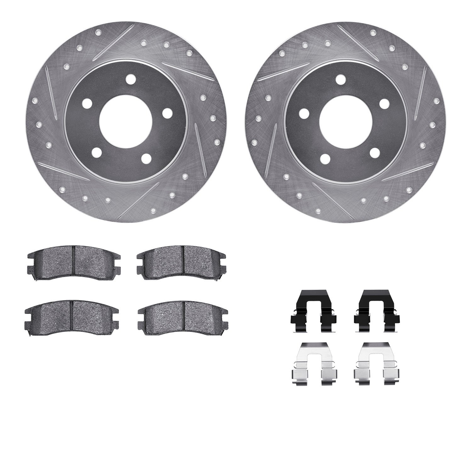 7312-45013 Drilled/Slotted Brake Rotor with 3000-Series Ceramic Brake Pads Kit & Hardware [Silver], 1994-1999 GM, Position: Rear