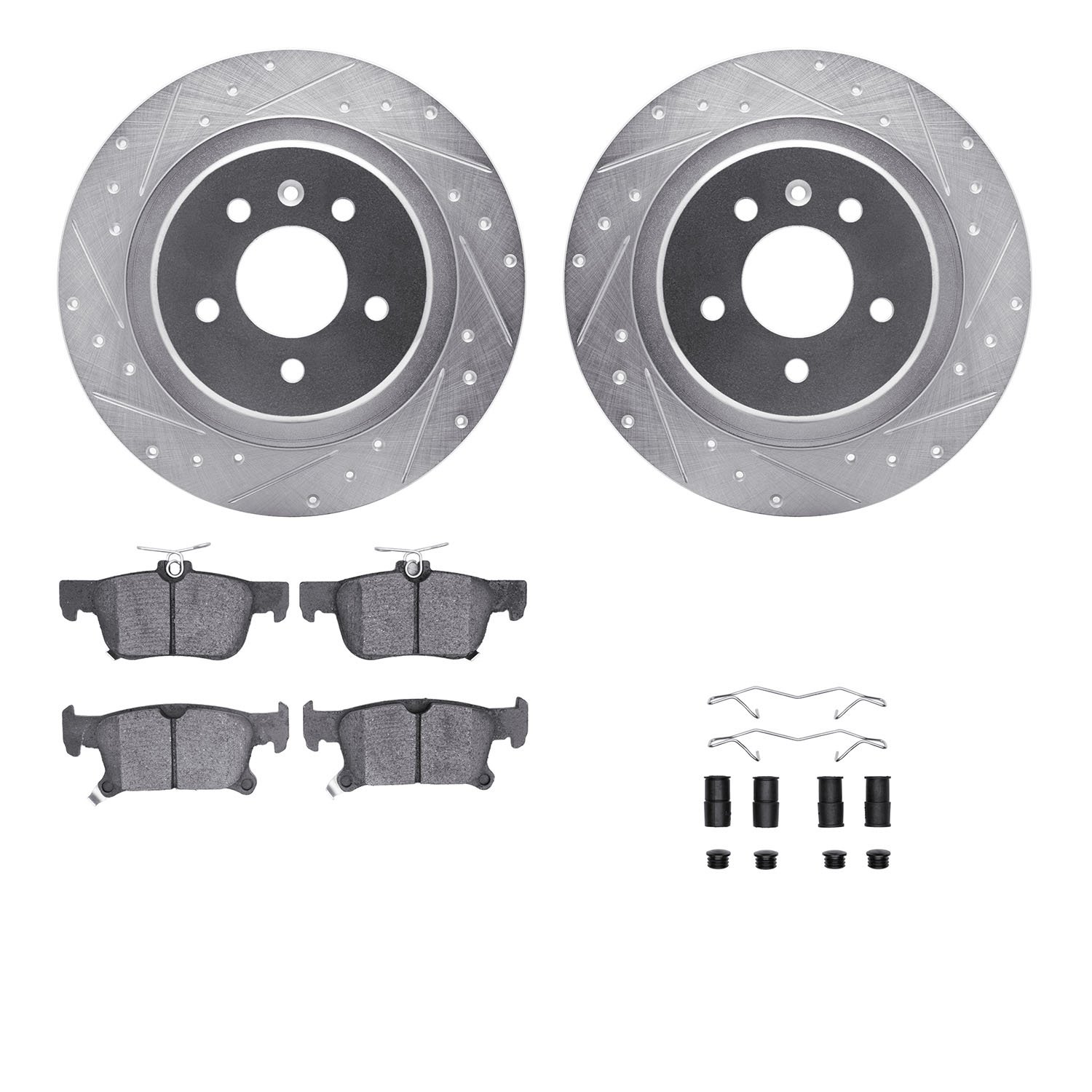 7312-45034 Drilled/Slotted Brake Rotor with 3000-Series Ceramic Brake Pads Kit & Hardware [Silver], 2016-2018 GM, Position: Rear