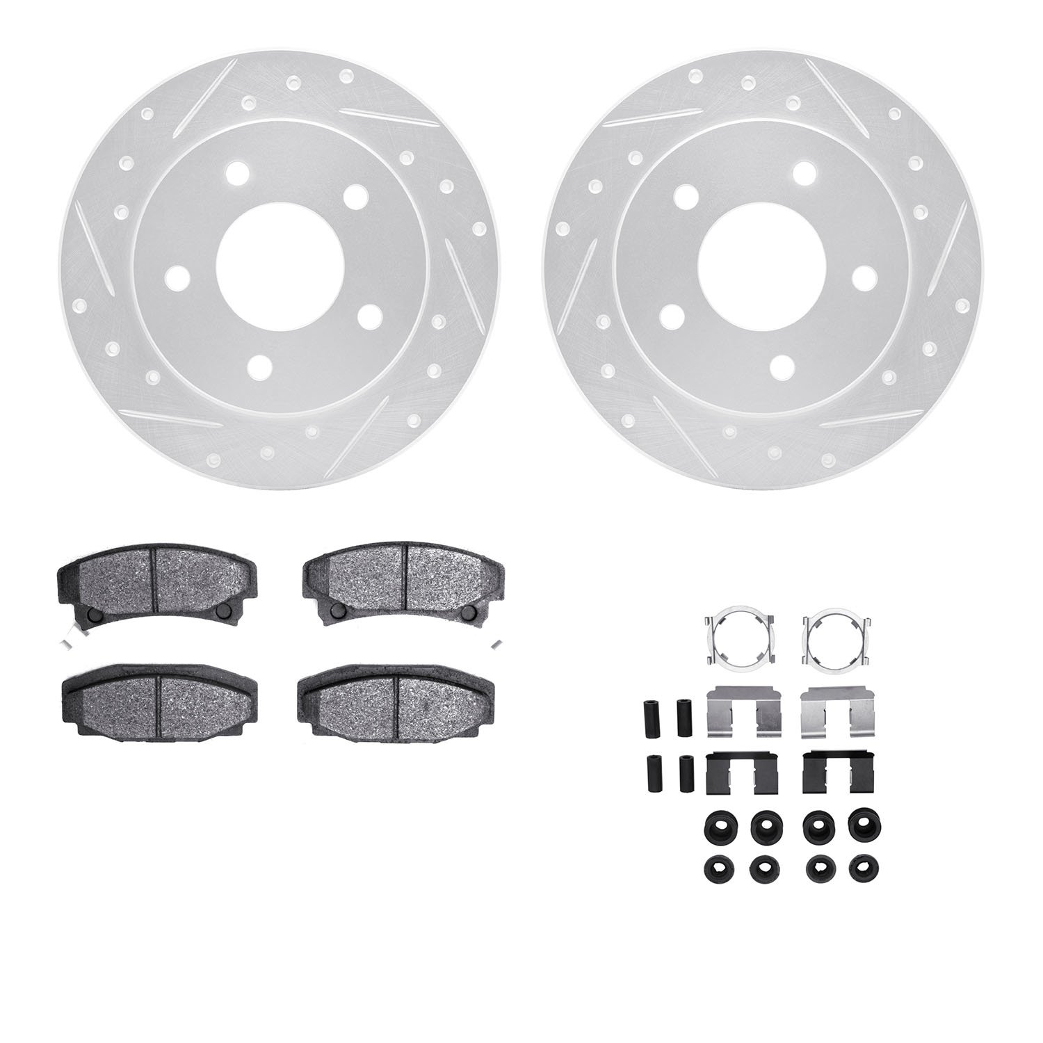 7312-46006 Drilled/Slotted Brake Rotor with 3000-Series Ceramic Brake Pads Kit & Hardware [Silver], 1986-1992 GM, Position: Rear