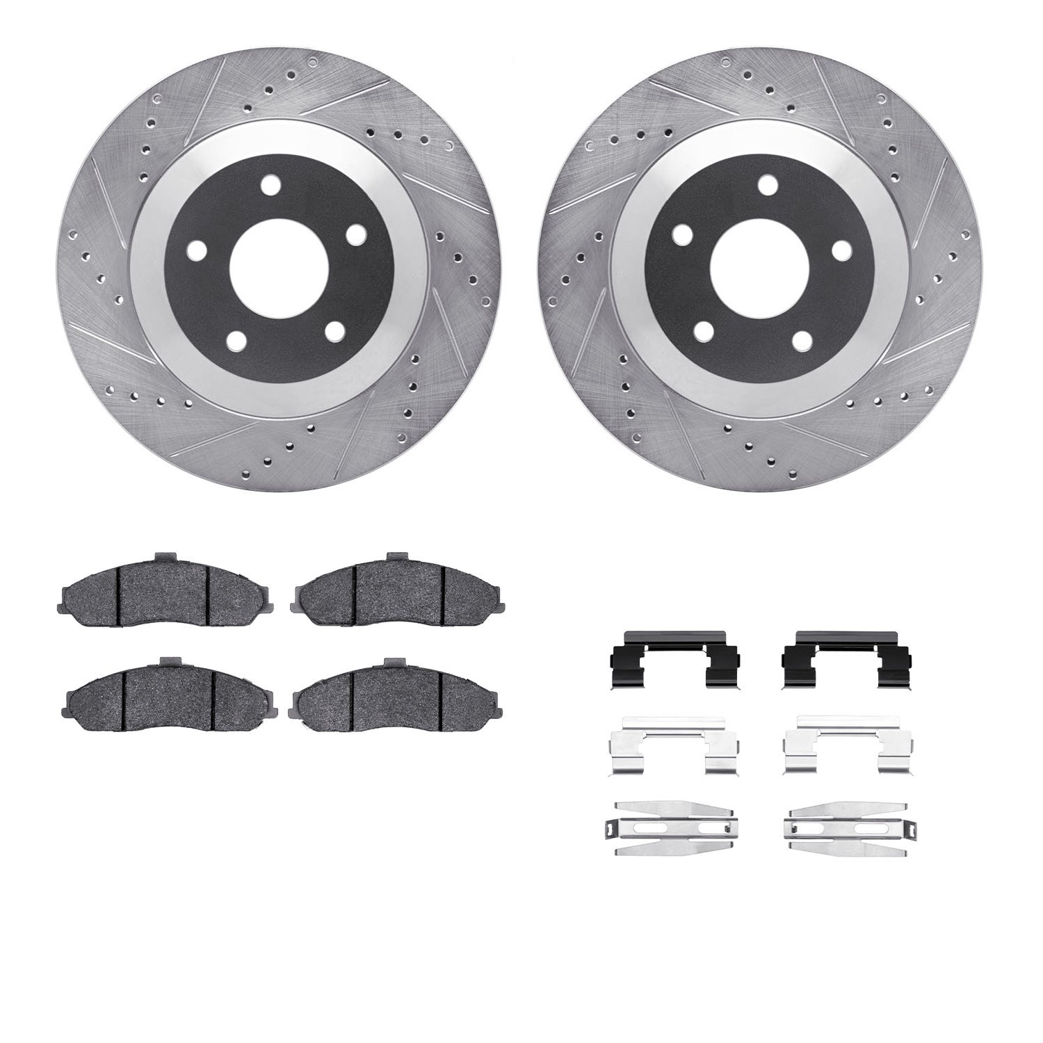 7312-46012 Drilled/Slotted Brake Rotor with 3000-Series Ceramic Brake Pads Kit & Hardware [Silver], 1997-2004 GM, Position: Fron