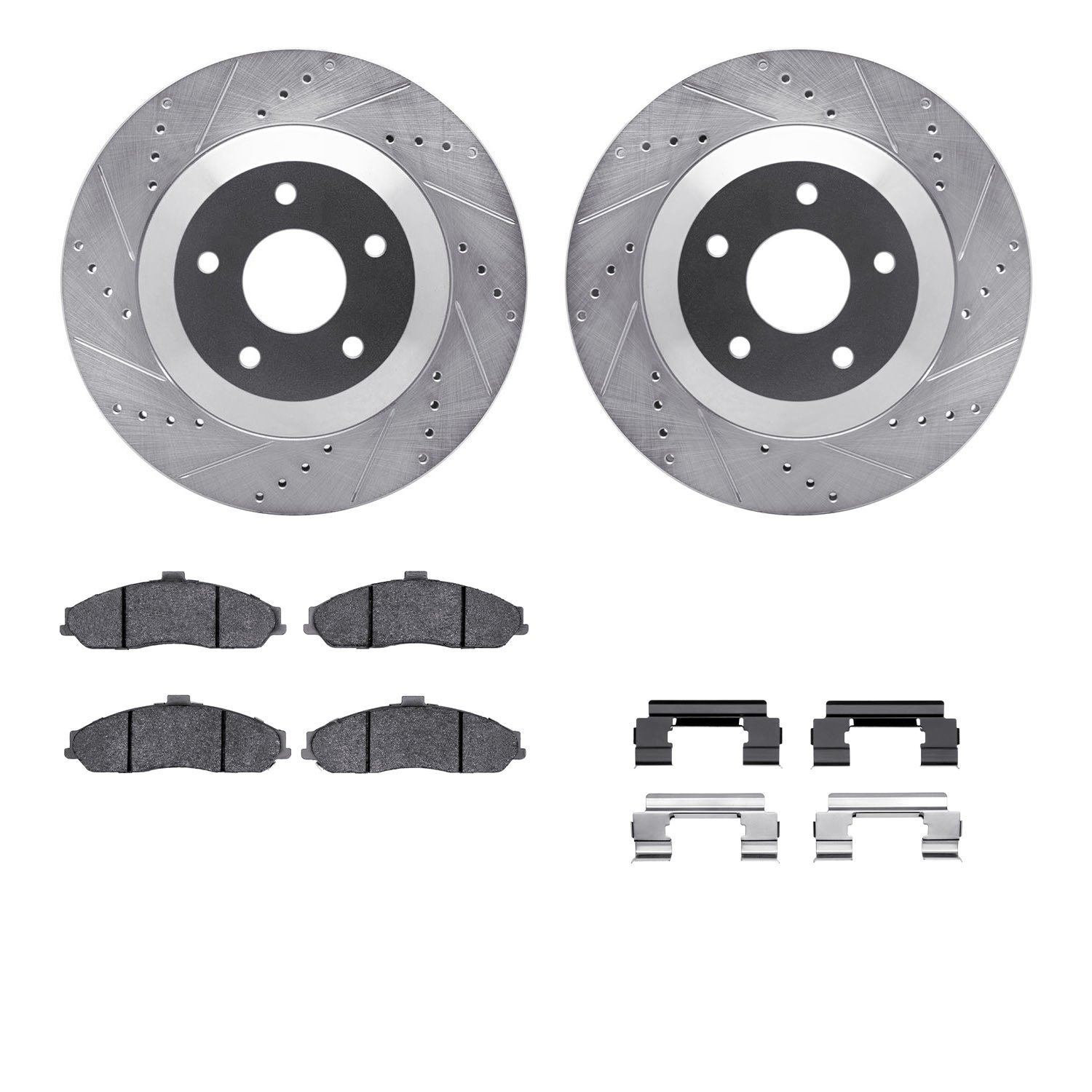 7312-46015 Drilled/Slotted Brake Rotor with 3000-Series Ceramic Brake Pads Kit & Hardware [Silver], 2004-2009 GM, Position: Fron