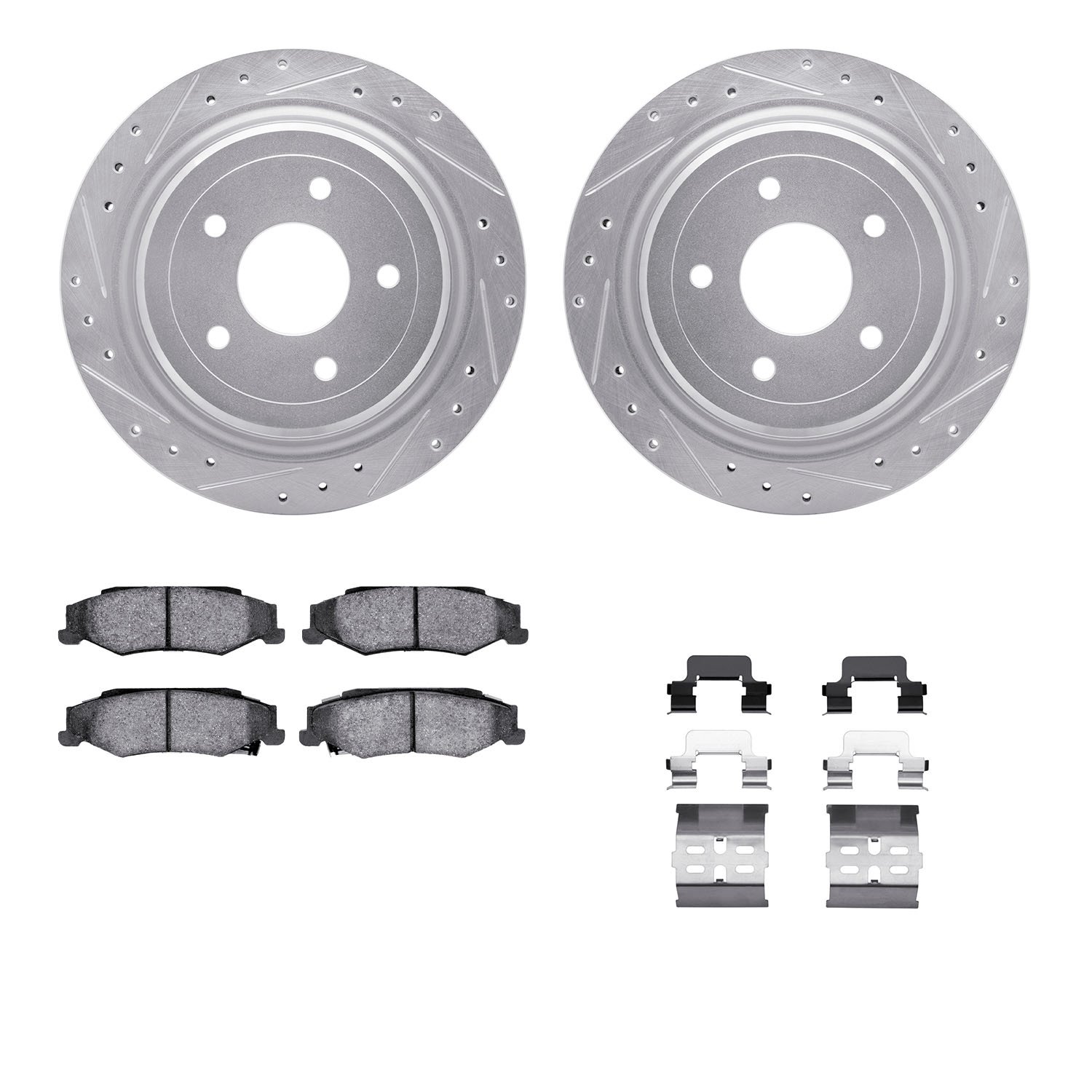 7312-46018 Drilled/Slotted Brake Rotor with 3000-Series Ceramic Brake Pads Kit & Hardware [Silver], 1997-2013 GM, Position: Rear