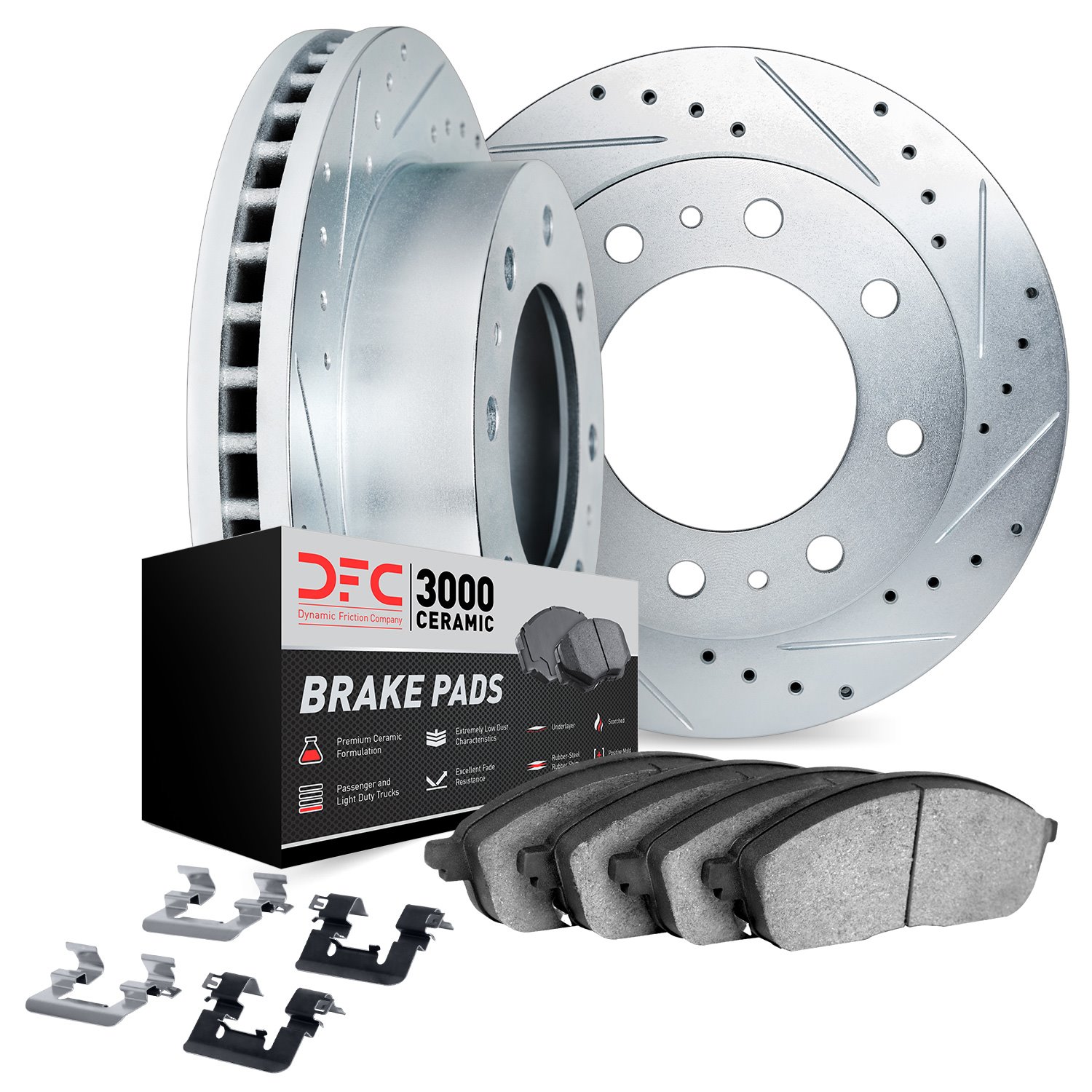 7312-46021 Drilled/Slotted Brake Rotor with 3000-Series Ceramic Brake Pads Kit & Hardware [Silver], 2006-2011 GM, Position: Fron