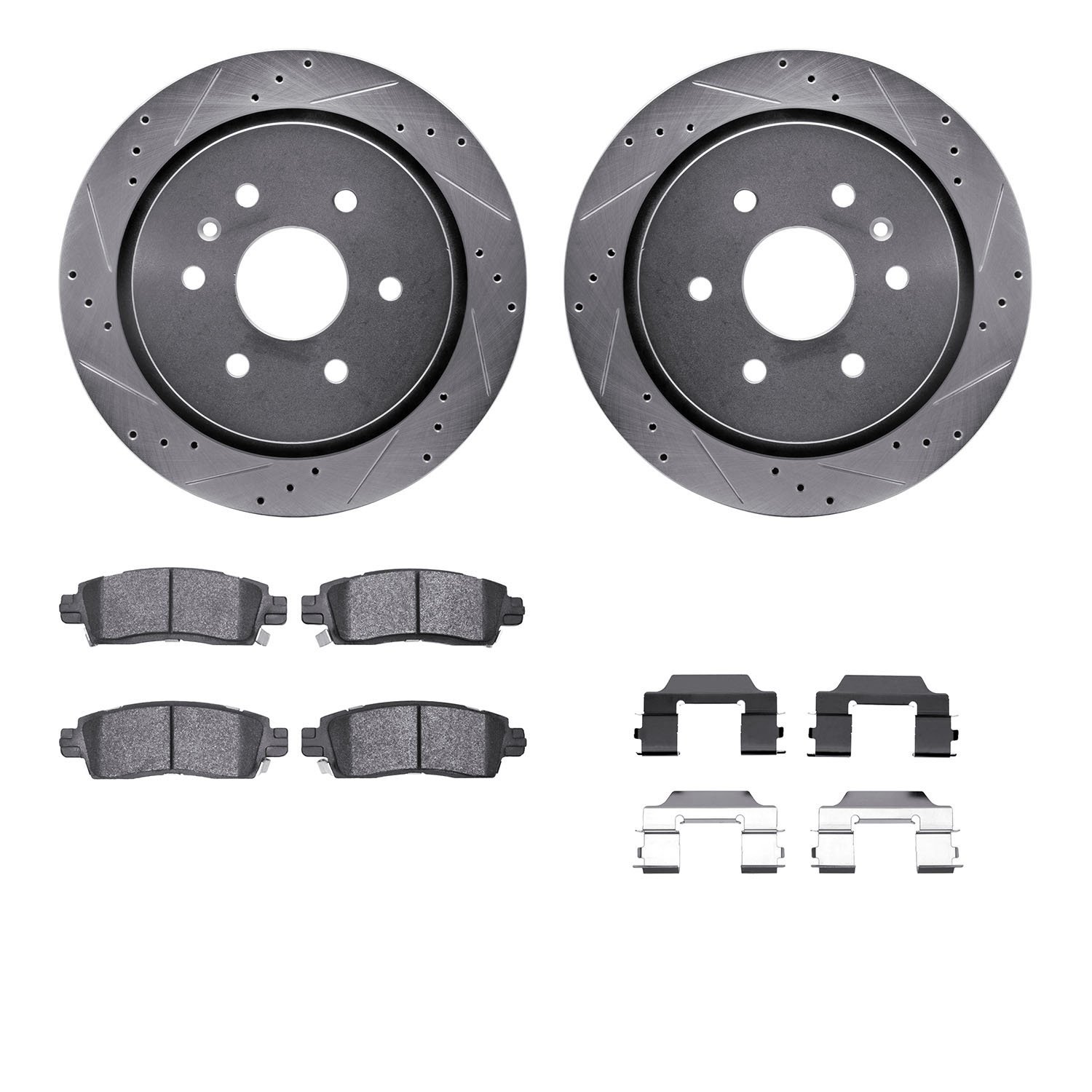 7312-46023 Drilled/Slotted Brake Rotor with 3000-Series Ceramic Brake Pads Kit & Hardware [Silver], 2013-2019 GM, Position: Rear