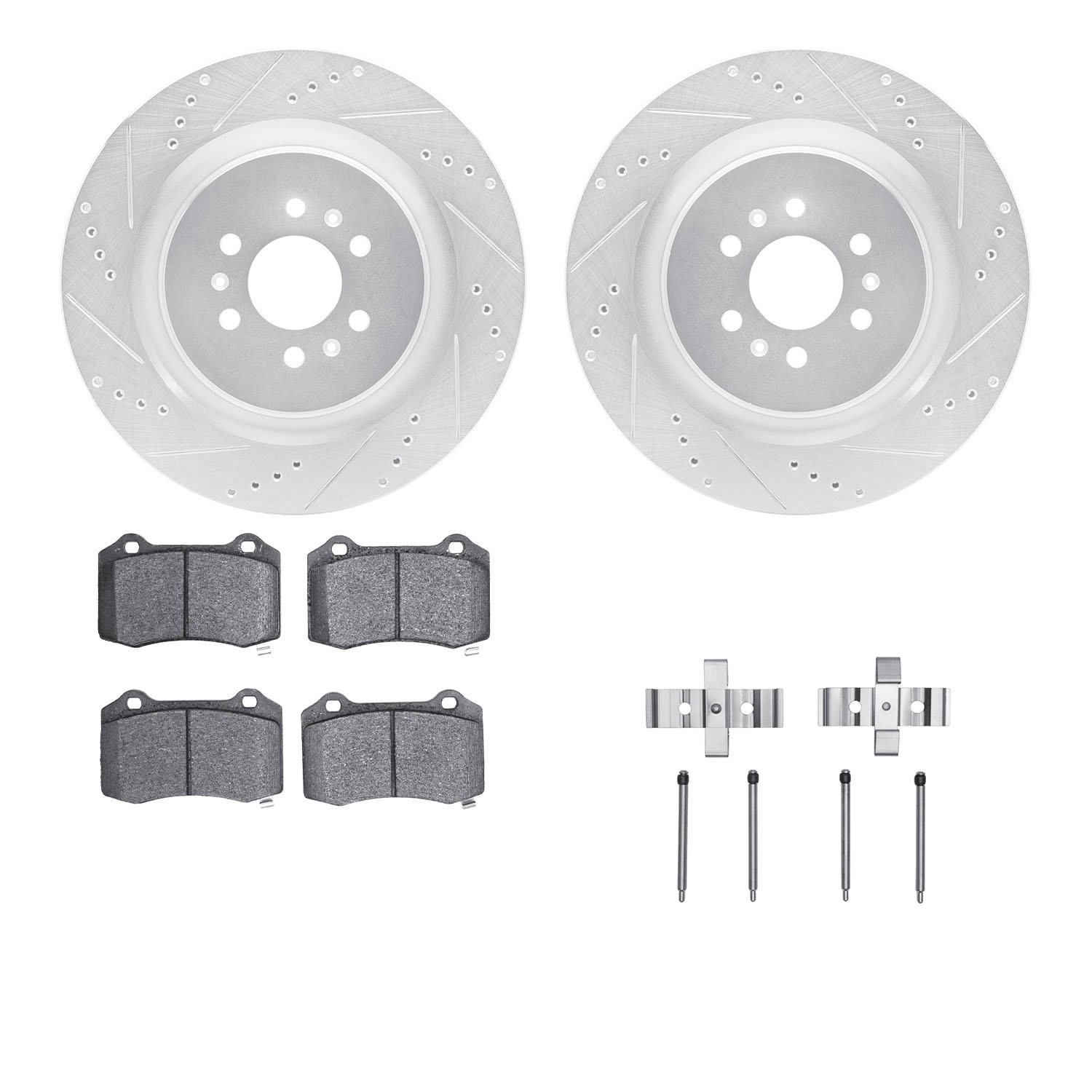 7312-46038 Drilled/Slotted Brake Rotor with 3000-Series Ceramic Brake Pads Kit & Hardware [Silver], 2004-2011 GM, Position: Rear
