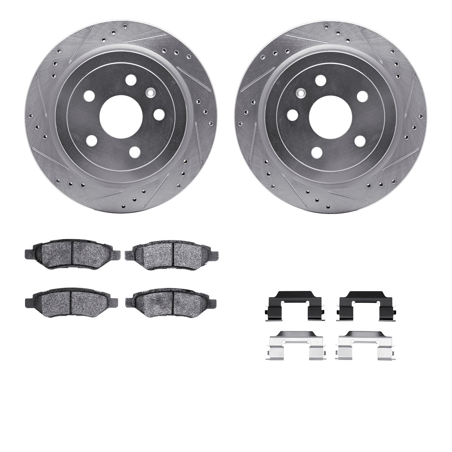 7312-46044 Drilled/Slotted Brake Rotor with 3000-Series Ceramic Brake Pads Kit & Hardware [Silver], 2008-2015 GM, Position: Rear