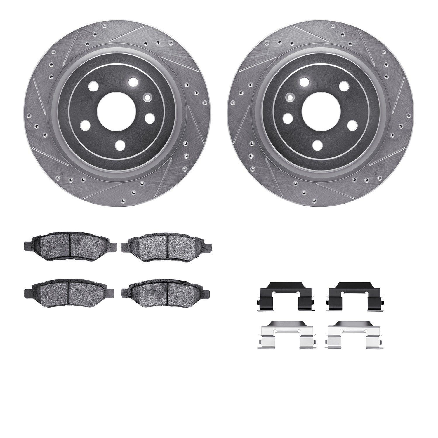 7312-46045 Drilled/Slotted Brake Rotor with 3000-Series Ceramic Brake Pads Kit & Hardware [Silver], 2008-2014 GM, Position: Rear