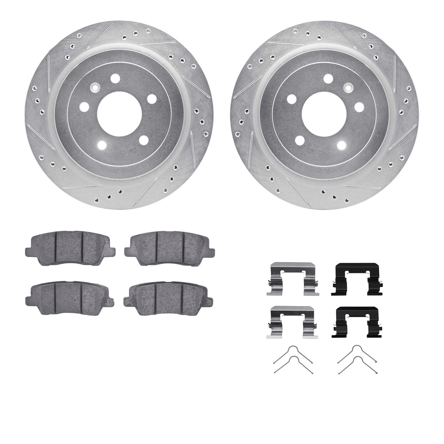 7312-46056 Drilled/Slotted Brake Rotor with 3000-Series Ceramic Brake Pads Kit & Hardware [Silver], 2013-2019 GM, Position: Rear