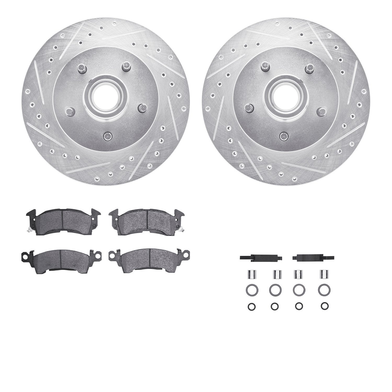 7312-47009 Drilled/Slotted Brake Rotor with 3000-Series Ceramic Brake Pads Kit & Hardware [Silver], 1969-1996 GM, Position: Fron