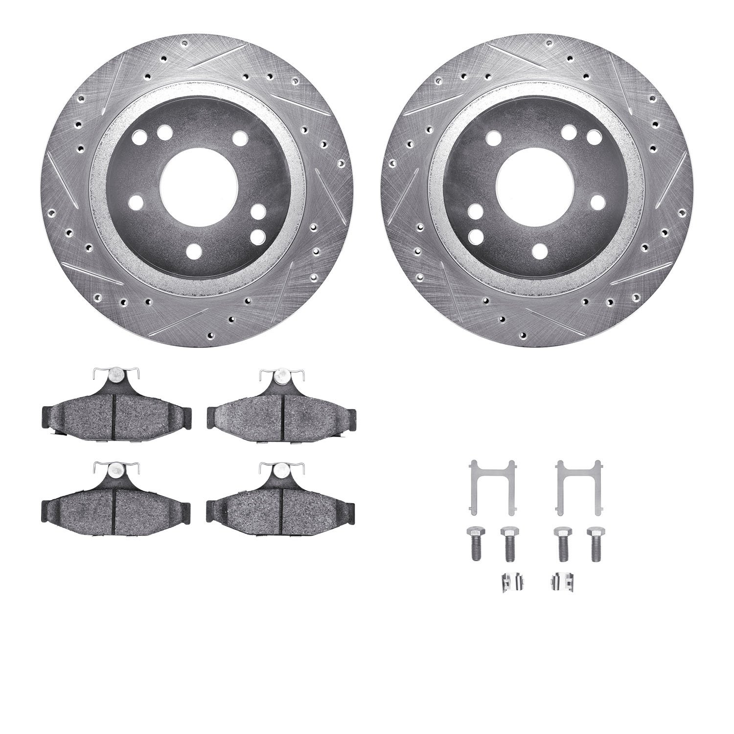 7312-47033 Drilled/Slotted Brake Rotor with 3000-Series Ceramic Brake Pads Kit & Hardware [Silver], 1988-1996 GM, Position: Rear