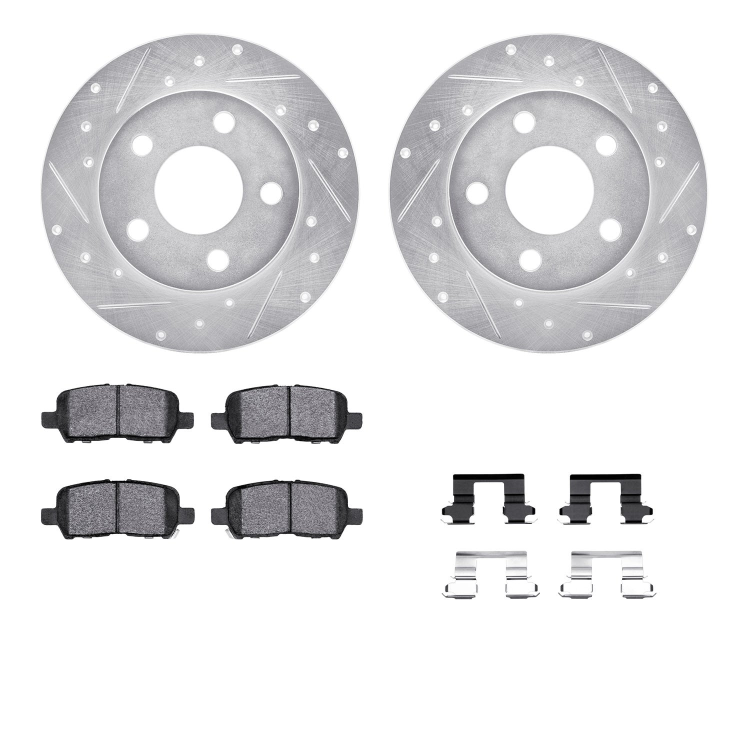 7312-47049 Drilled/Slotted Brake Rotor with 3000-Series Ceramic Brake Pads Kit & Hardware [Silver], 2004-2016 GM, Position: Rear
