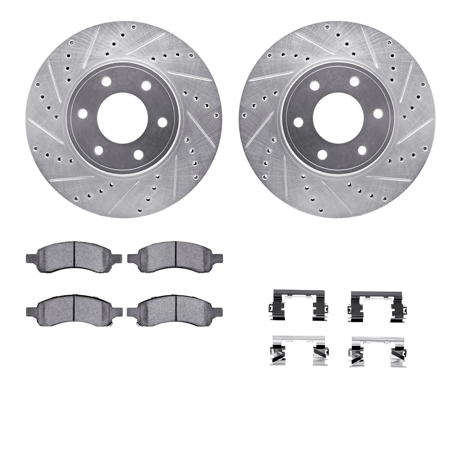 7312-47057 Drilled/Slotted Brake Rotor with 3000-Series Ceramic Brake Pads Kit & Hardware [Silver], 2006-2009 GM, Position: Fron