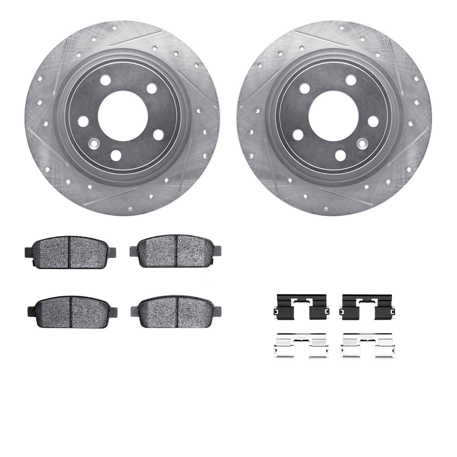 7312-47064 Drilled/Slotted Brake Rotor with 3000-Series Ceramic Brake Pads Kit & Hardware [Silver], 2011-2019 GM, Position: Rear