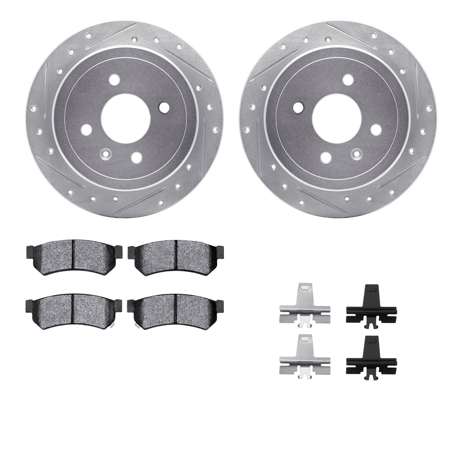 7312-47069 Drilled/Slotted Brake Rotor with 3000-Series Ceramic Brake Pads Kit & Hardware [Silver], 2014-2016 GM, Position: Rear