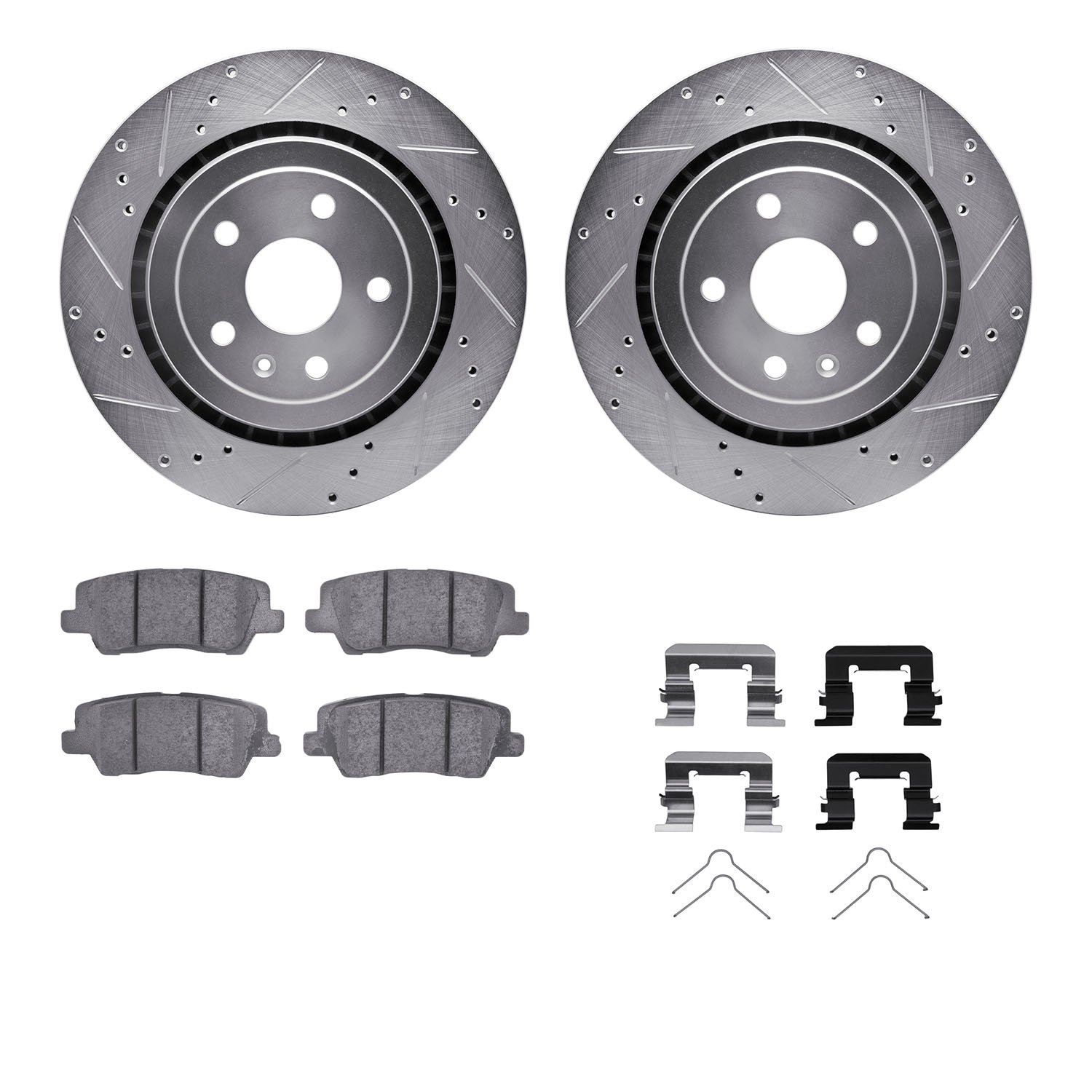 7312-47070 Drilled/Slotted Brake Rotor with 3000-Series Ceramic Brake Pads Kit & Hardware [Silver], 2015-2019 GM, Position: Rear