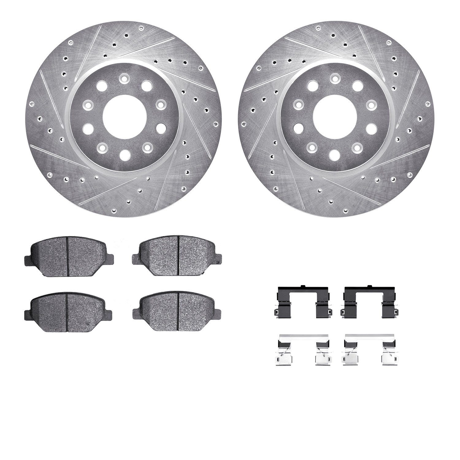 7312-47076 Drilled/Slotted Brake Rotor with 3000-Series Ceramic Brake Pads Kit & Hardware [Silver], 2016-2020 GM, Position: Fron