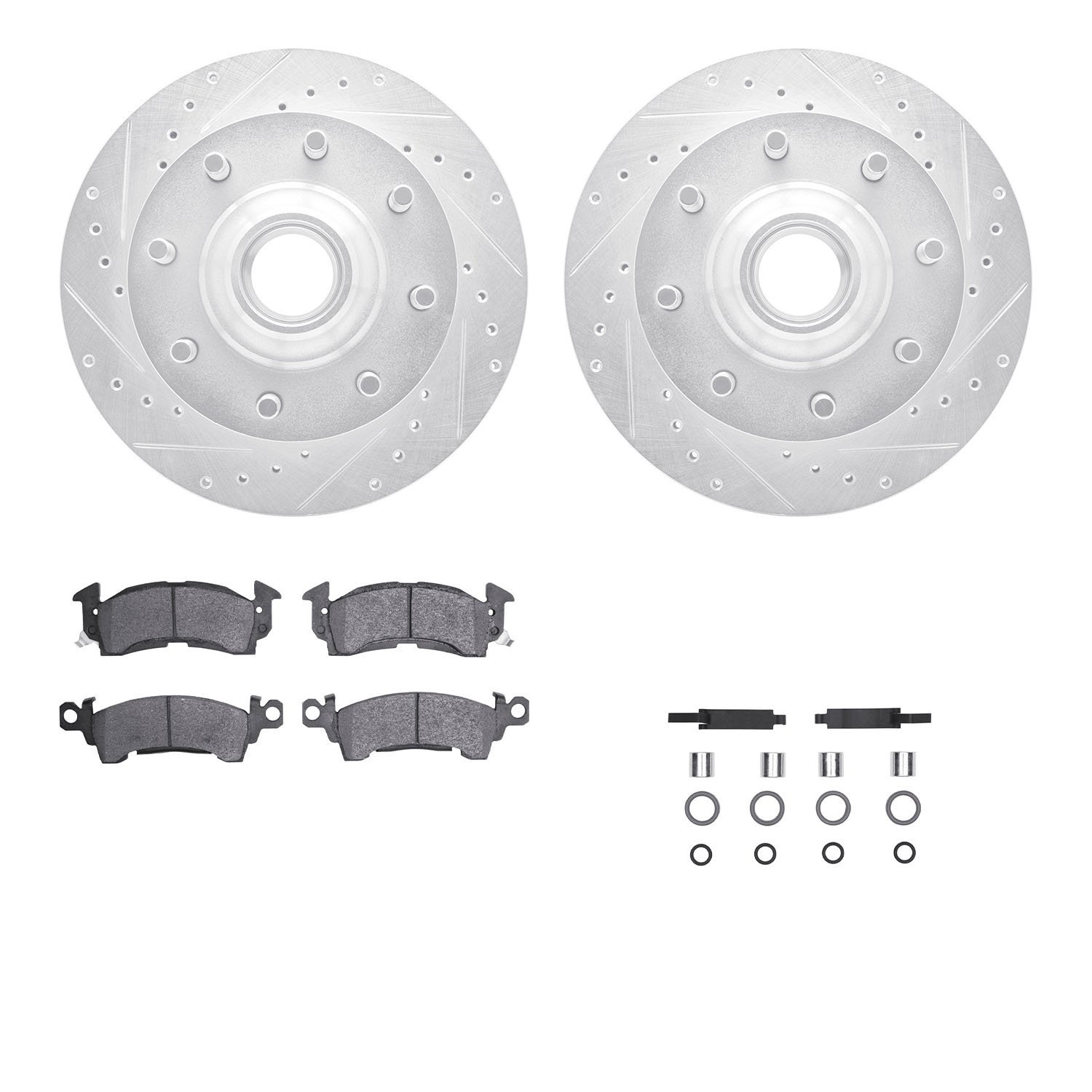 7312-48002 Drilled/Slotted Brake Rotor with 3000-Series Ceramic Brake Pads Kit & Hardware [Silver], 1971-1989 GM, Position: Fron