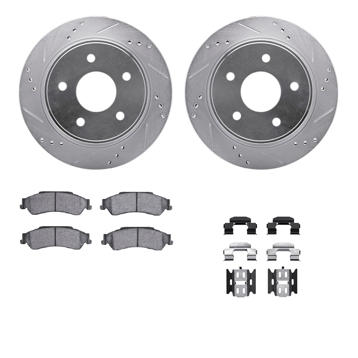 7312-48034 Drilled/Slotted Brake Rotor with 3000-Series Ceramic Brake Pads Kit & Hardware [Silver], 1997-2005 GM, Position: Rear