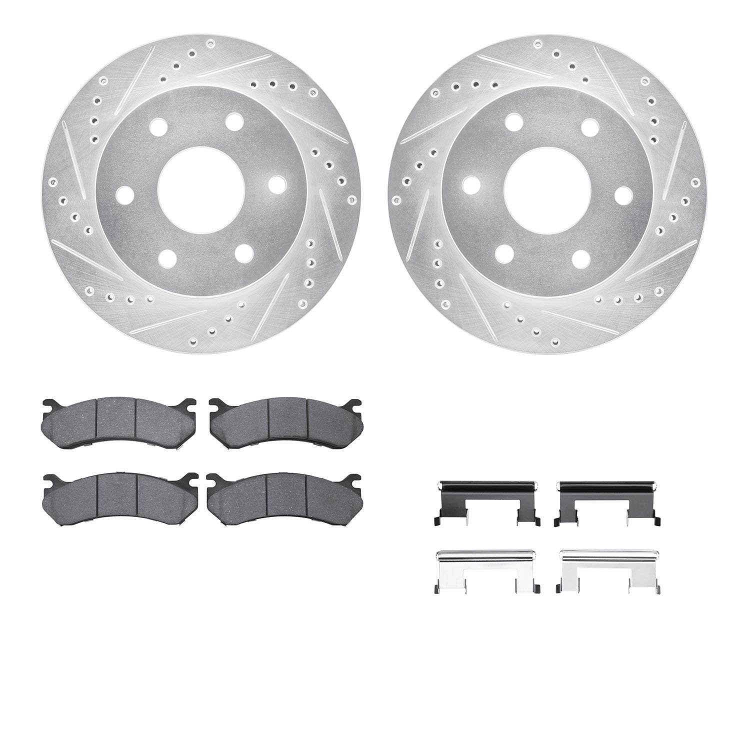 7312-48038 Drilled/Slotted Brake Rotor with 3000-Series Ceramic Brake Pads Kit & Hardware [Silver], 1999-2008 GM, Position: Fron