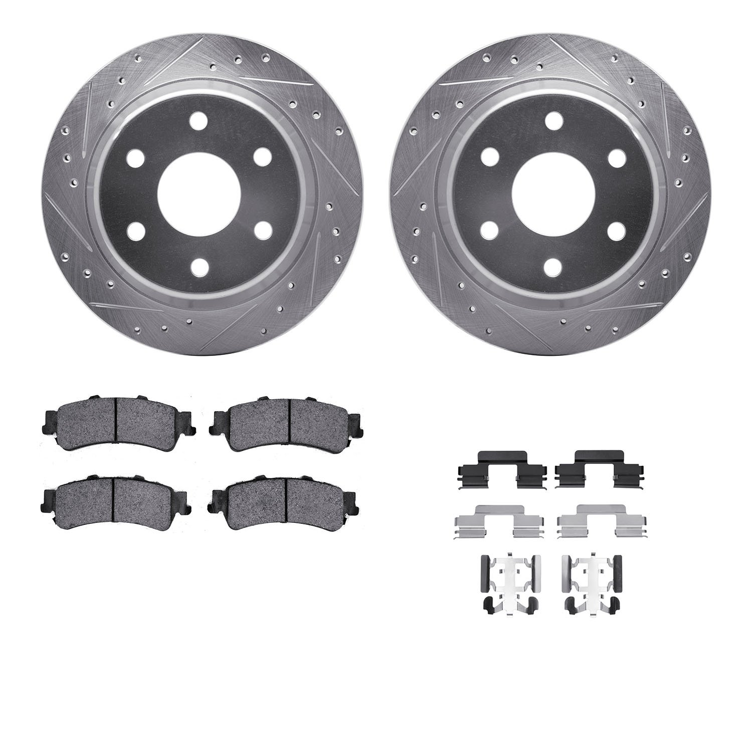 7312-48042 Drilled/Slotted Brake Rotor with 3000-Series Ceramic Brake Pads Kit & Hardware [Silver], 2003-2007 GM, Position: Rear