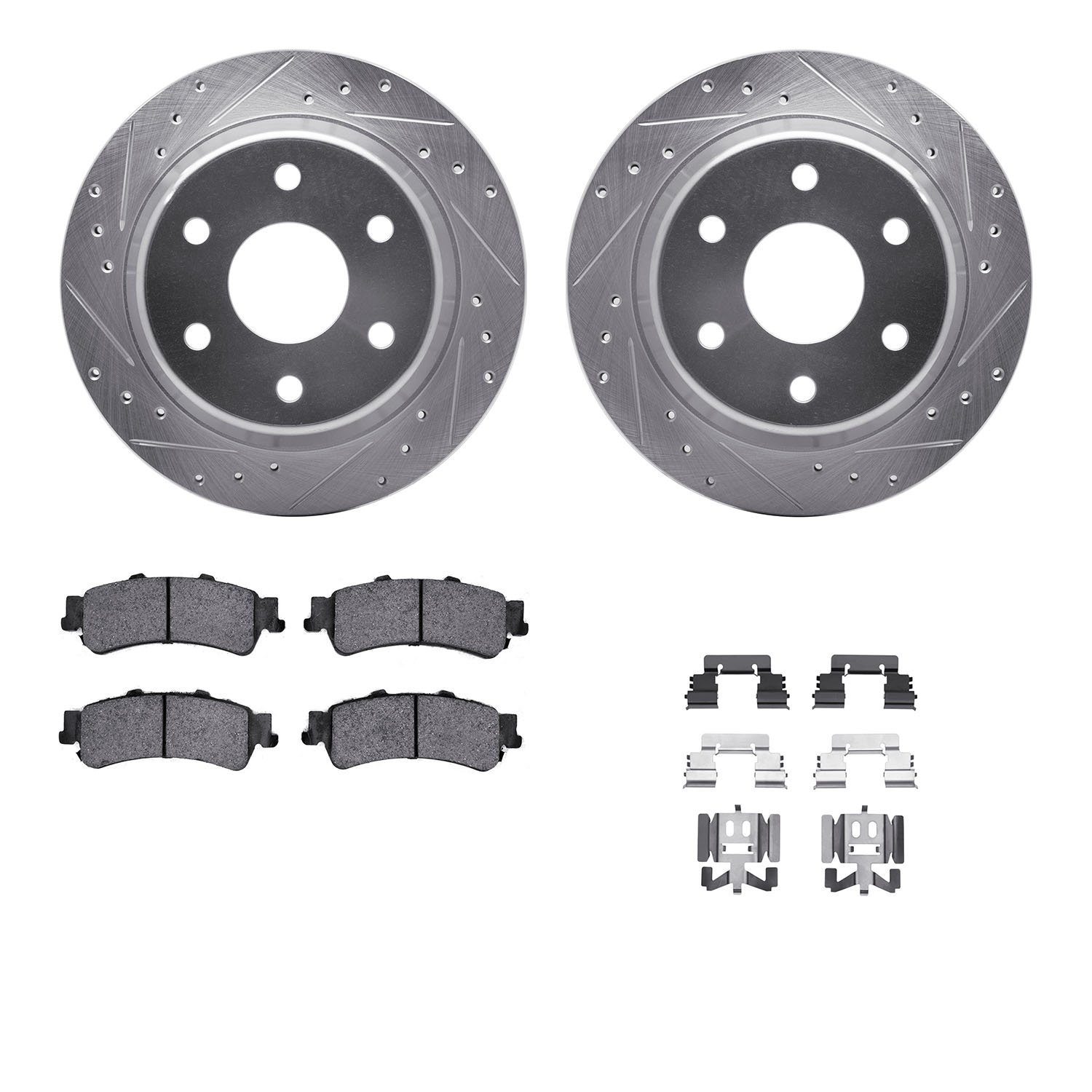 7312-48043 Drilled/Slotted Brake Rotor with 3000-Series Ceramic Brake Pads Kit & Hardware [Silver], 1999-2007 GM, Position: Rear