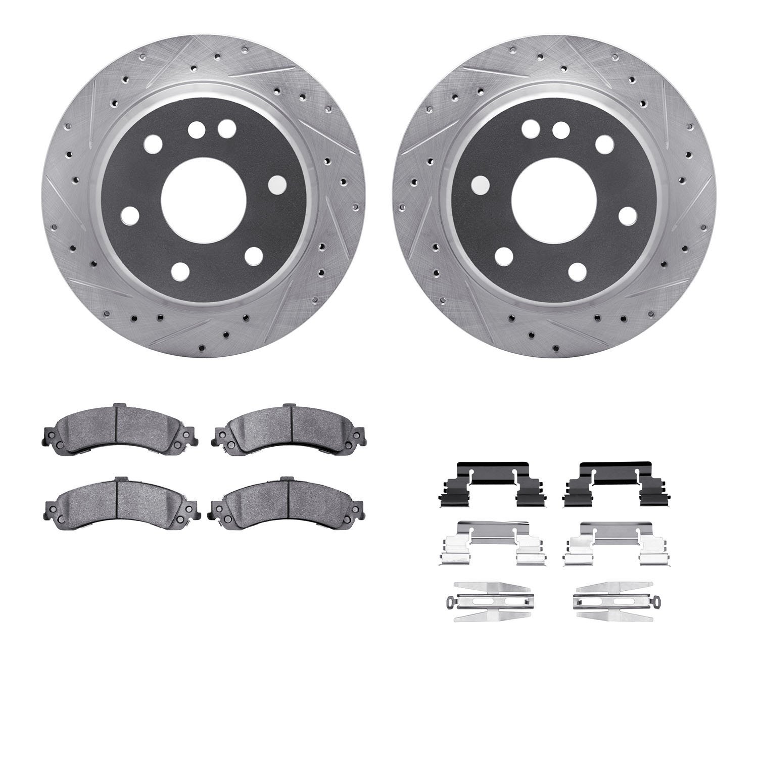 7312-48044 Drilled/Slotted Brake Rotor with 3000-Series Ceramic Brake Pads Kit & Hardware [Silver], 2000-2006 GM, Position: Rear