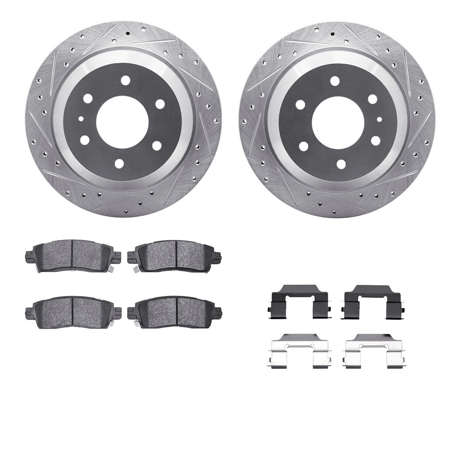 7312-48048 Drilled/Slotted Brake Rotor with 3000-Series Ceramic Brake Pads Kit & Hardware [Silver], 2002-2009 GM, Position: Rear